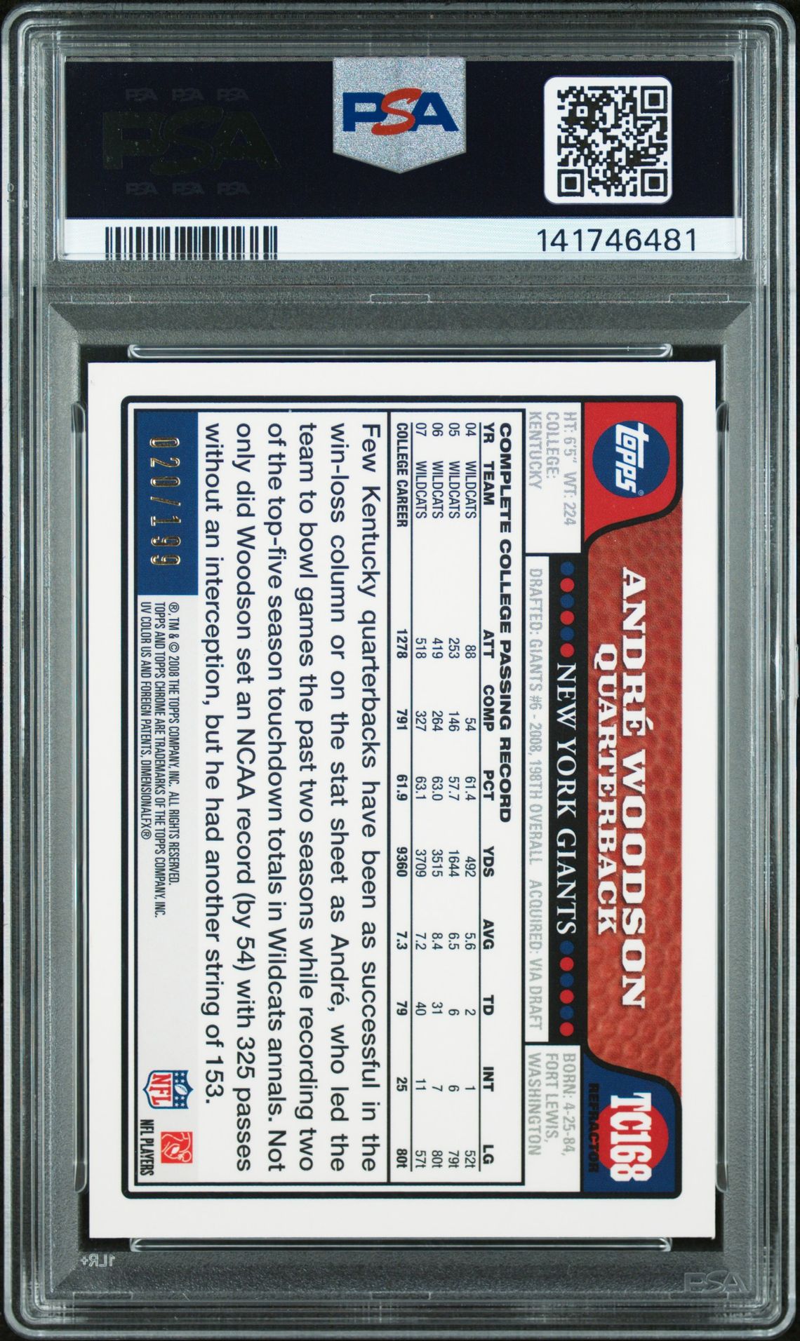 2008 Topps Chrome Andre Woodson #Tc168 (Gold Refractor) Mint 9 back