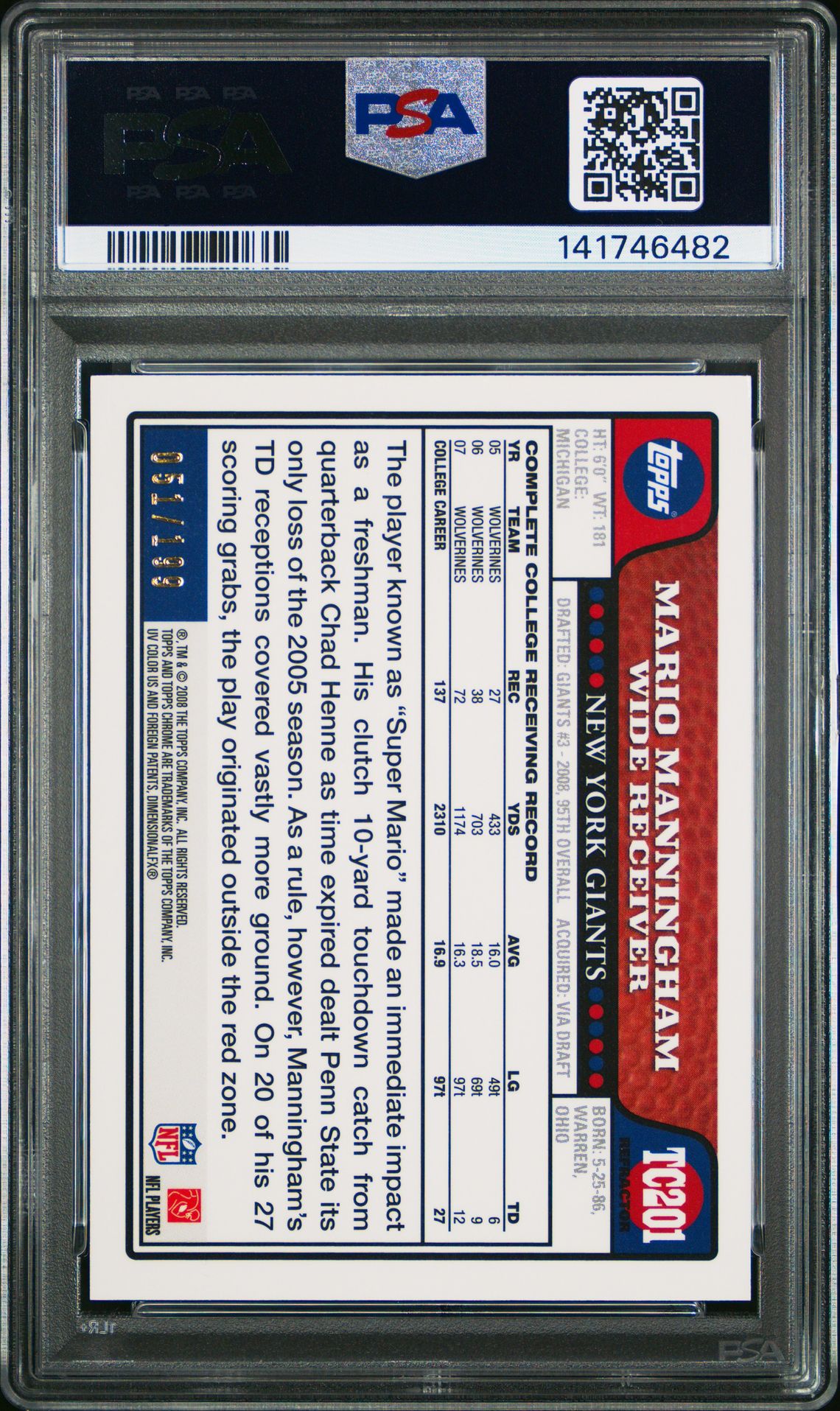 2008 Topps Chrome Mario Manningham #Tc201 (Gold Refractor) Nm-Mt 8 back