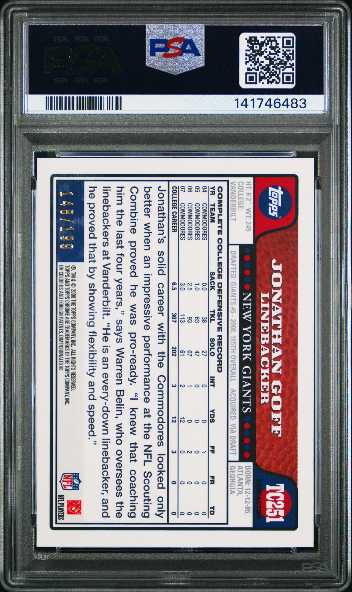 2008 Topps Chrome Jonathan Goff #Tc251 (Gold Refractor) Mint 9 back