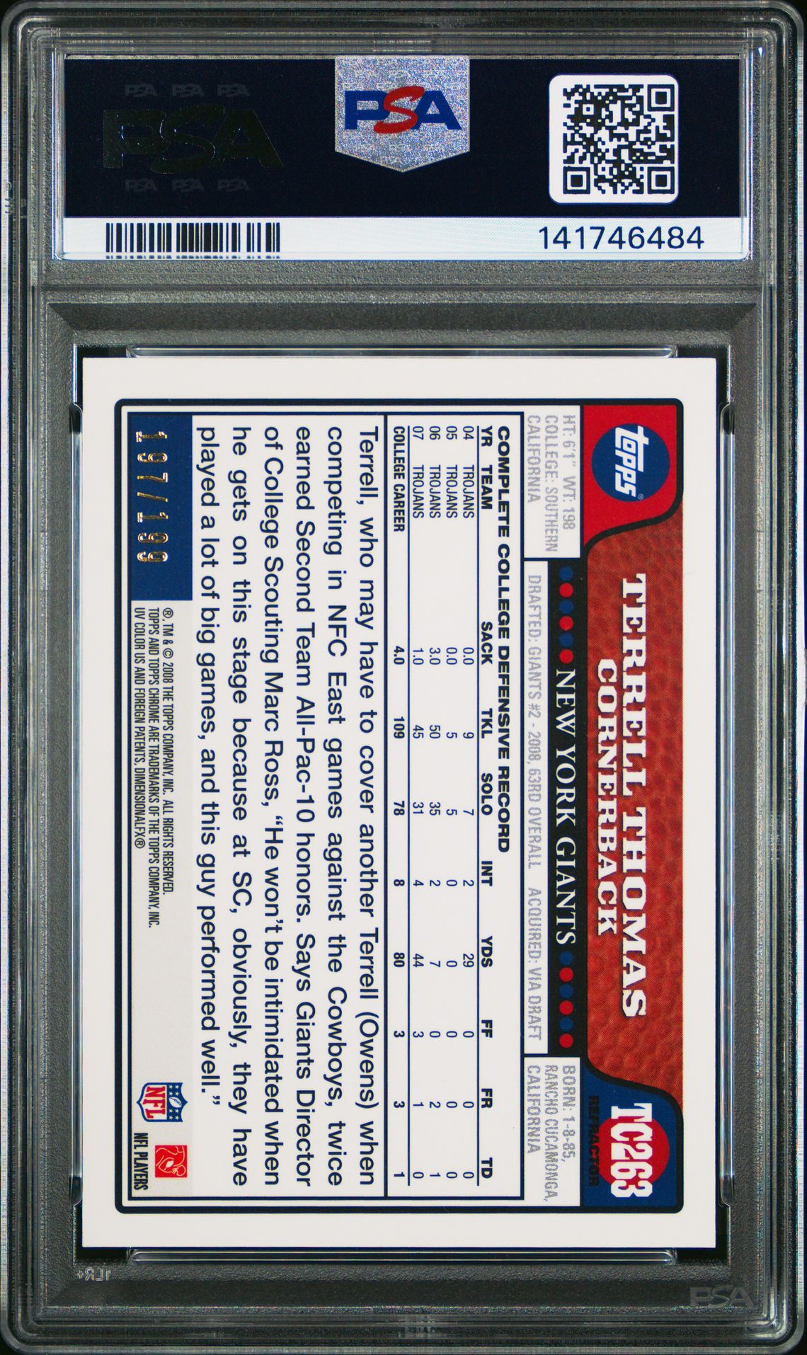 2008 Topps Chrome Terrell Thomas #Tc263 (Gold Refractor) Mint 9 back