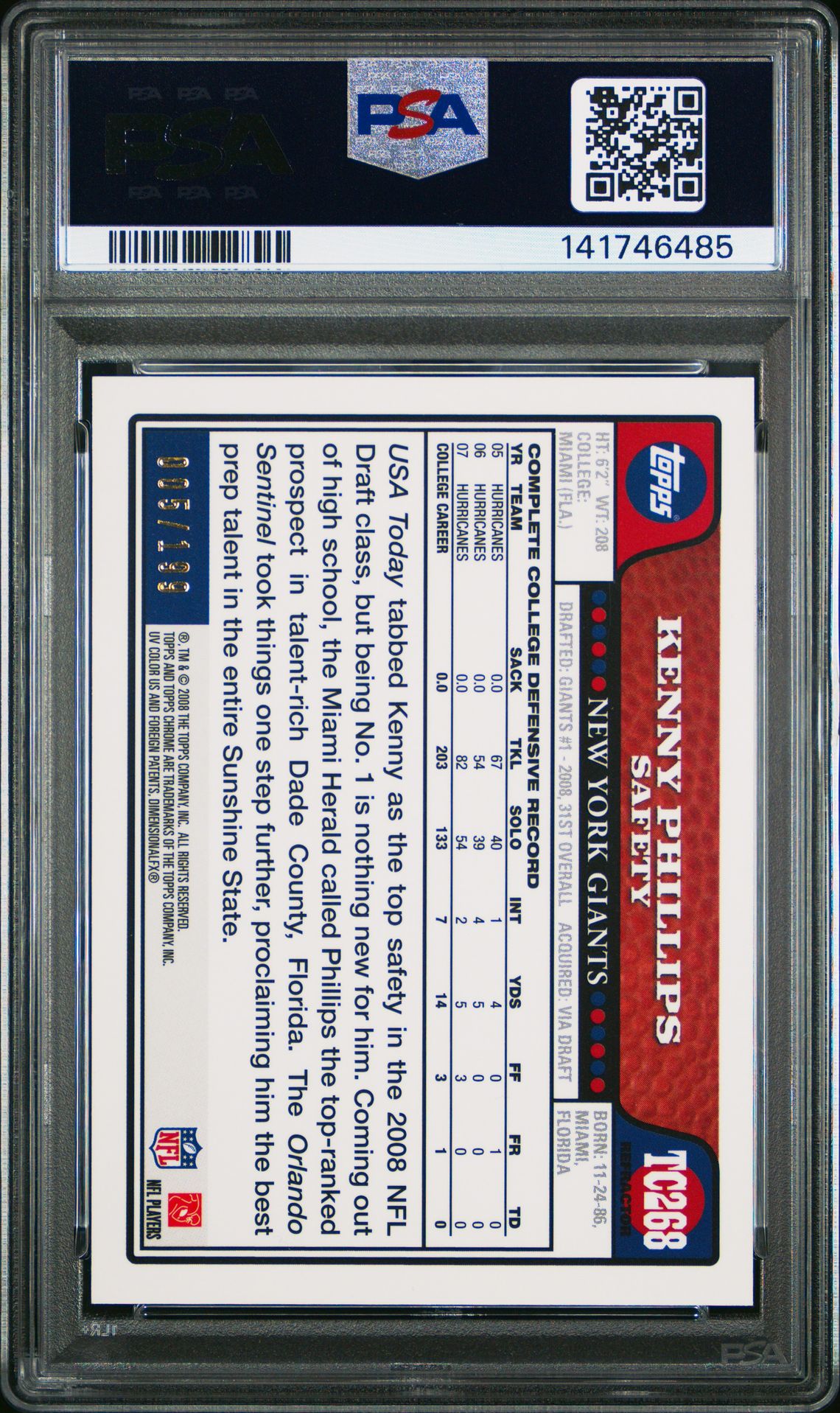 2008 Topps Chrome Kenny Phillips #Tc268 (Gold Refractor) Mint 9 back