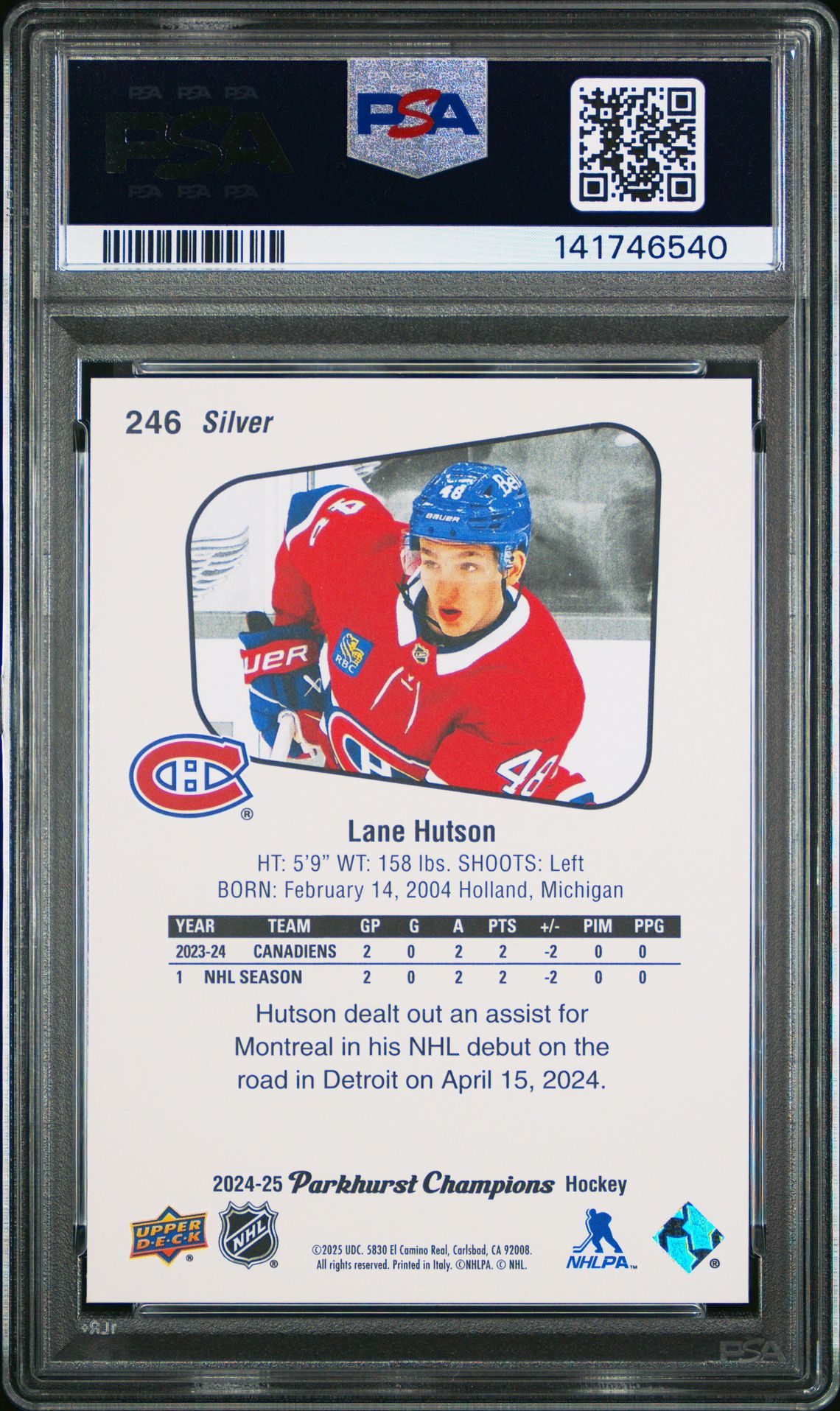 2024 Upper Deck Parkhurst Champions Lane Hutson #246 (Silver) Gem Mt 10 back