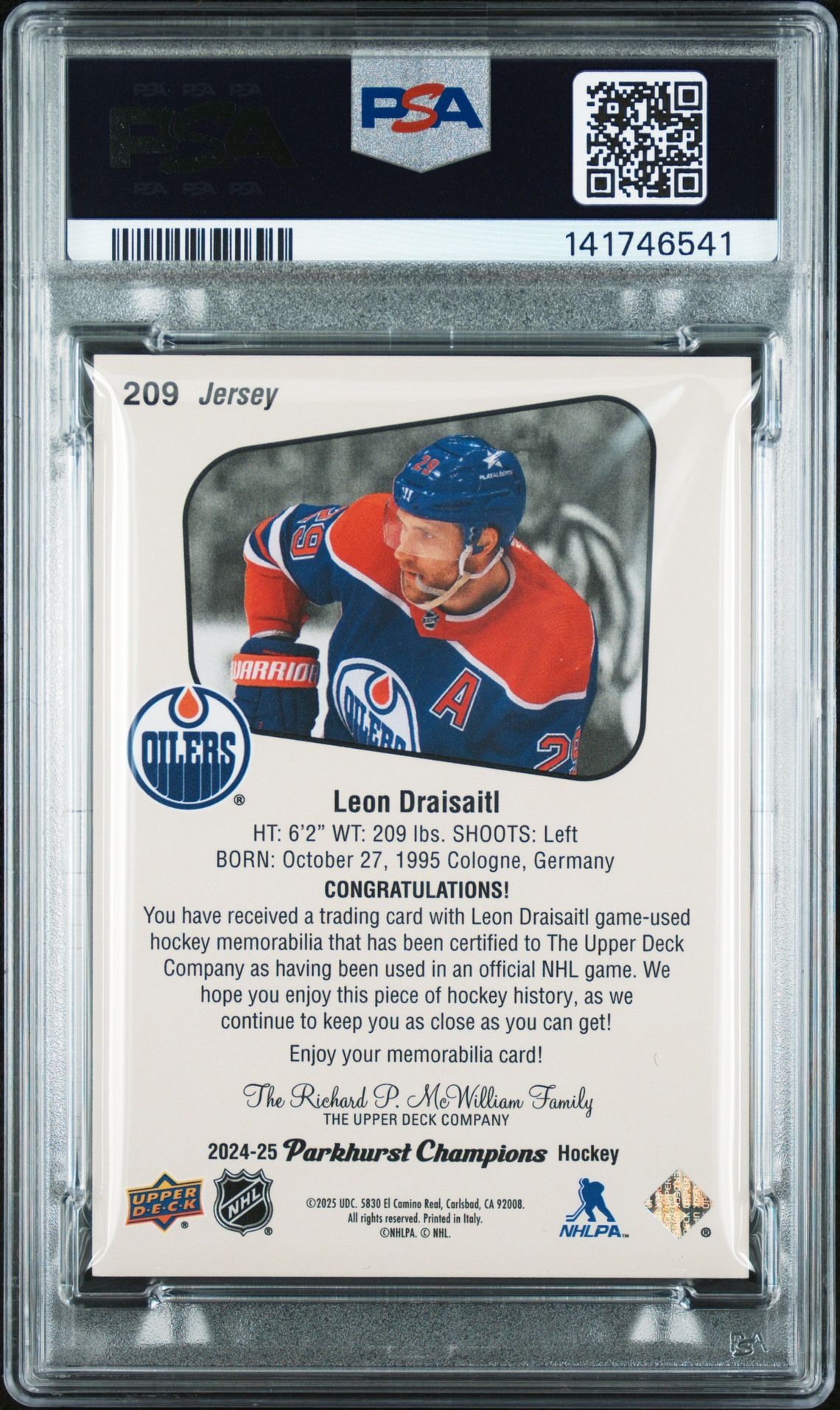 2024 Upper Deck Parkhurst Champions Leon Draisaitl #209 (Jersey) Mint 9 back