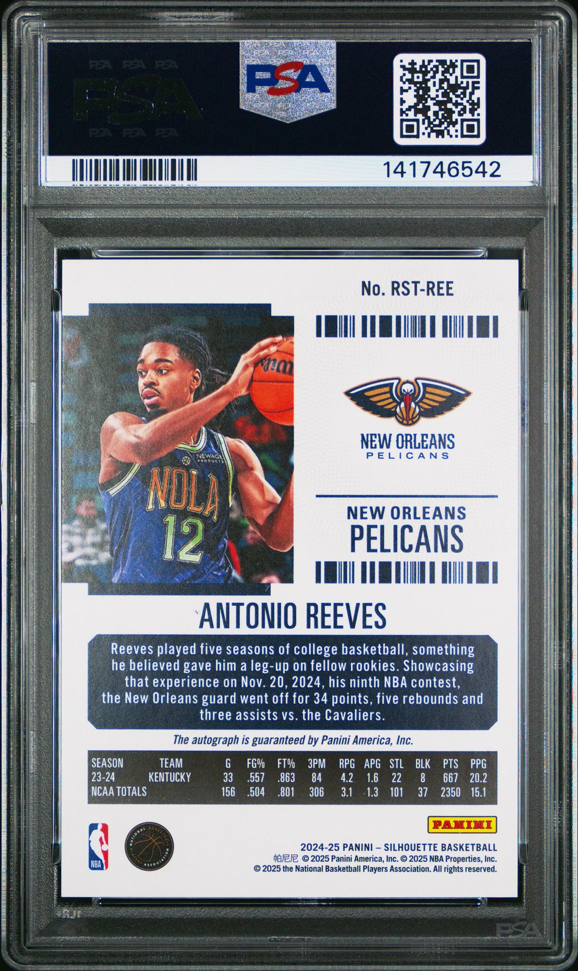 2024 Panini Silhouette Rookie Season Ticket Autographs Antonio Reeves #Rst-Ree (Rk Ssn Tkt Auto-Cracked Ice) Gem Mt 10 back
