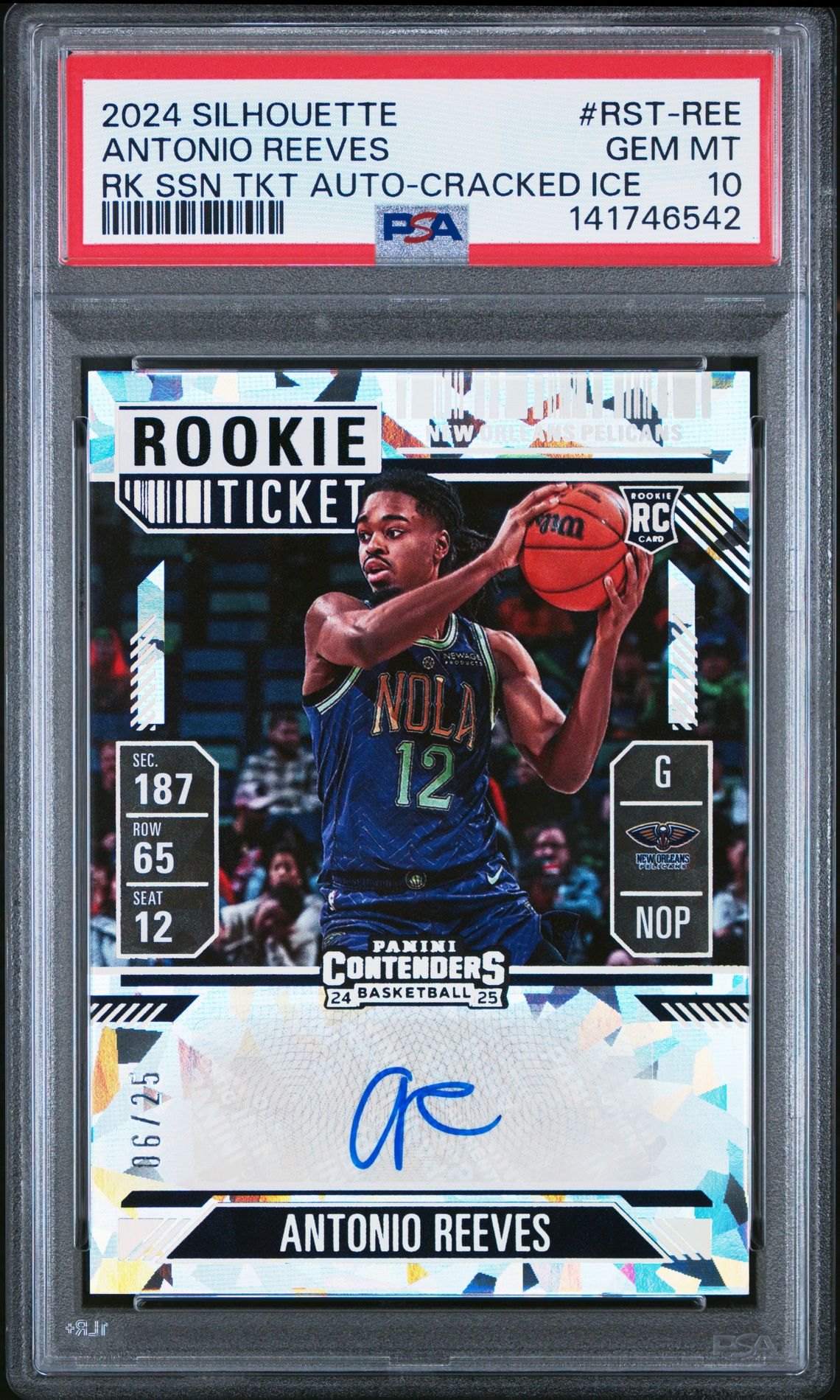 2024 Panini Silhouette Rookie Season Ticket Autographs Antonio Reeves #Rst-Ree (Rk Ssn Tkt Auto-Cracked Ice) Gem Mt 10 front