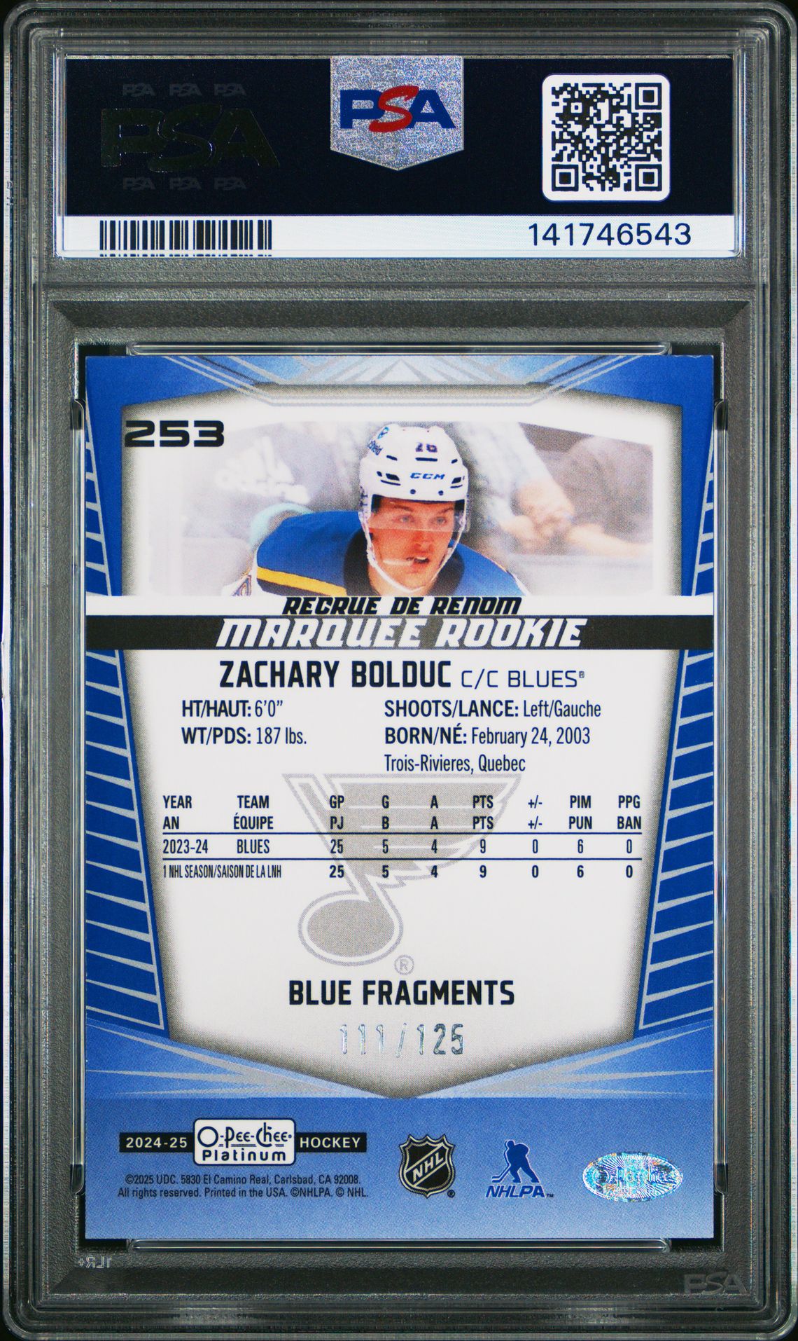 2024 Upper Deck O-Pee-Chee Platinum Zachary Bolduc #253 (Blue Fragments) Mint 9 back
