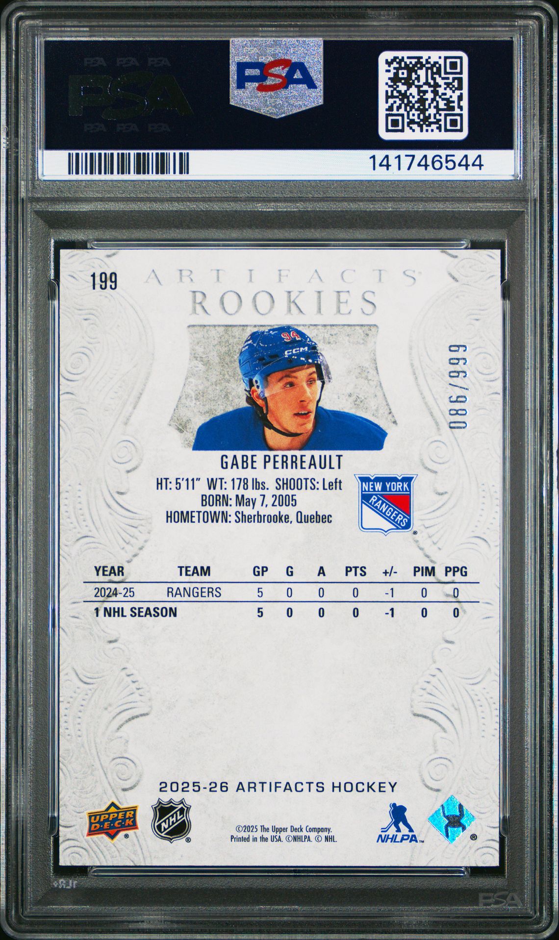 2025 Upper Deck Artifacts Gabe Perreault #199 Gem Mt 10 back