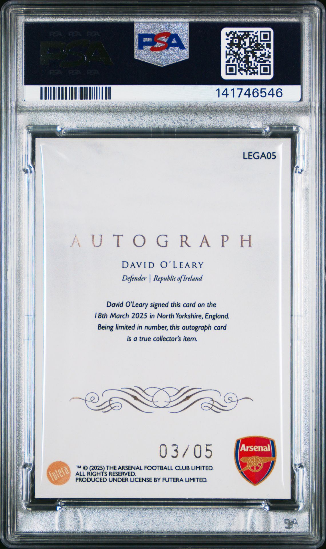 2024-25 Futera Arsenal Fx Collection Legends Autographs David O'leary #05 Mint 9 back
