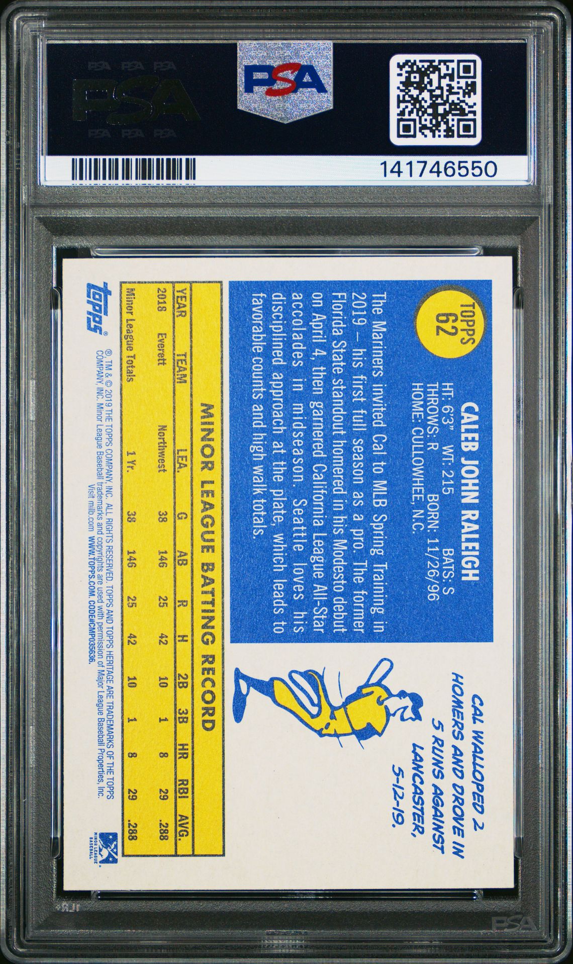 2019 Topps Heritage Minor League Cal Raleigh #62 (Minor League) Gem Mt 10 back