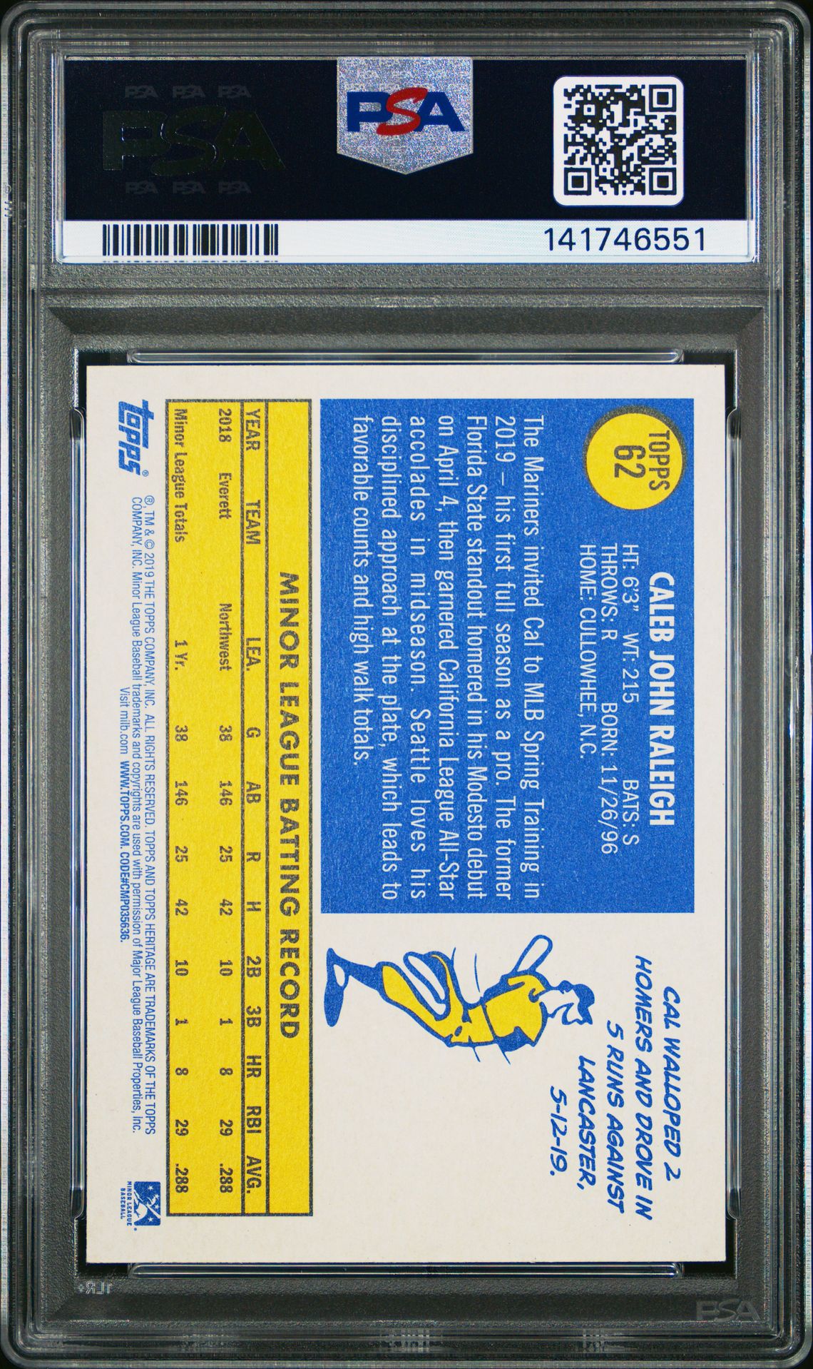 2019 Topps Heritage Minor League Cal Raleigh #62 (Minor League) Gem Mt 10 back