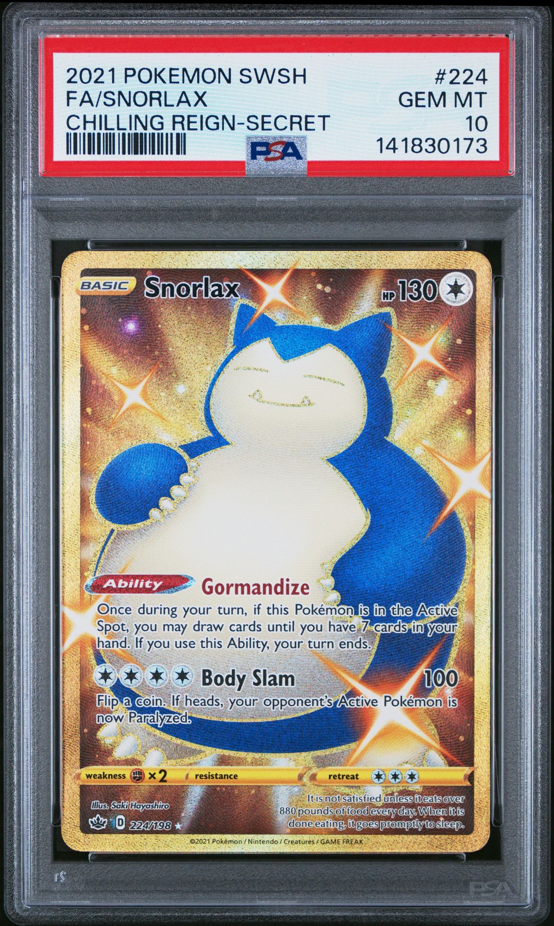 2021 Pokemon Sword & Shield Chilling Reign Fa/Snorlax #224 (Chilling Reign-Secret) Gem Mt 10 front
