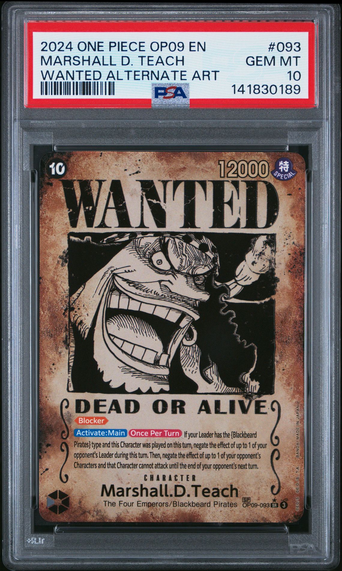 2024 One Piece Op09-Emperors In The New World Marshall D. Teach #093 (Wanted Alternate Art) Gem Mt 10 front