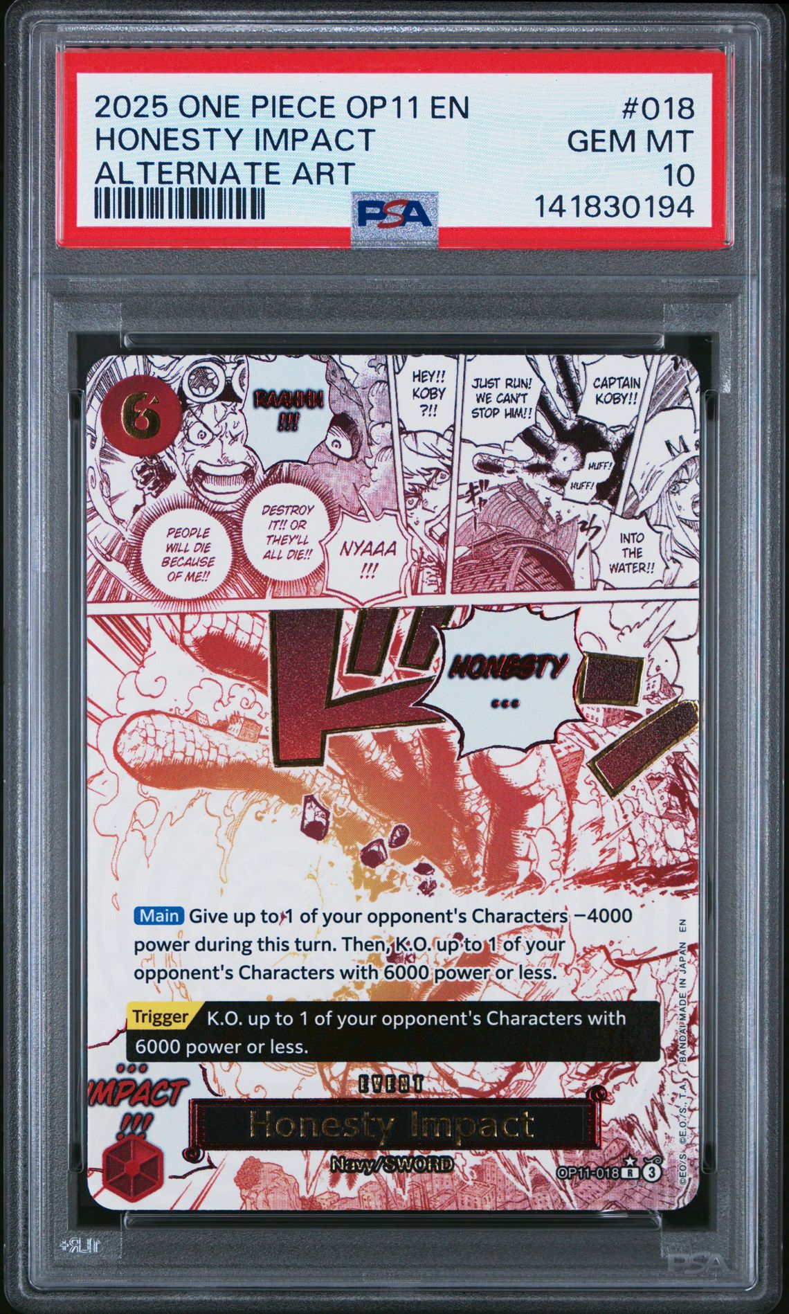 2025 One Piece Op11-A Fist Of Divine Speed Honesty Impact #018 (Alternate Art) Gem Mt 10 front
