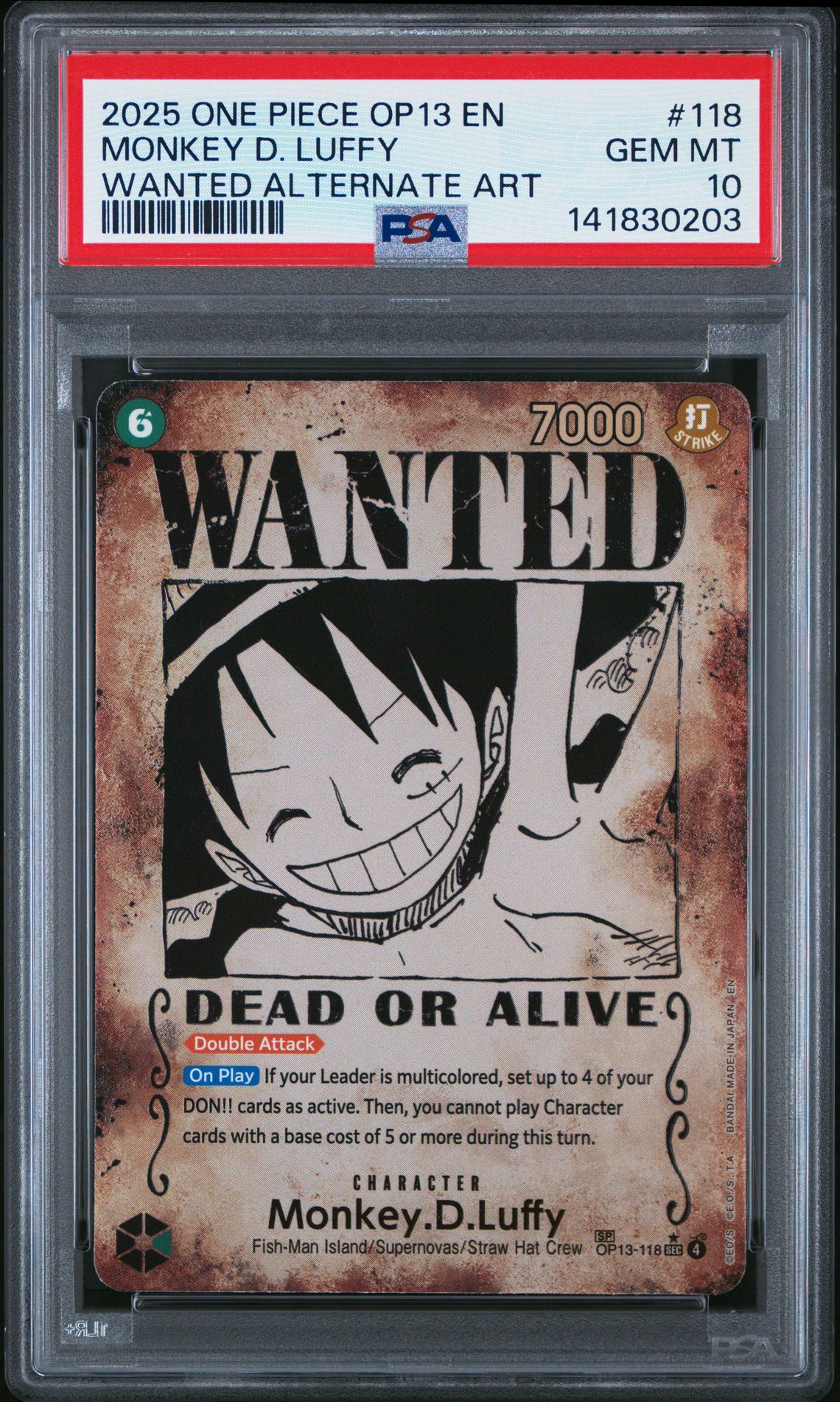 2025 One Piece Op13-Carrying On His Will Monkey D. Luffy #118 (Wanted Alternate Art) Gem Mt 10 front