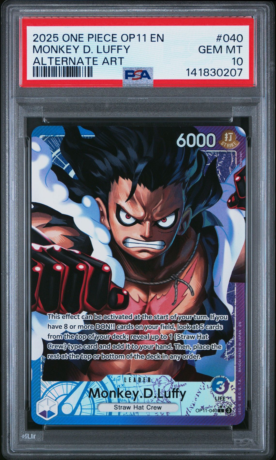 2025 One Piece Op11-A Fist Of Divine Speed Monkey D. Luffy #040 (Alternate Art) Gem Mt 10 front