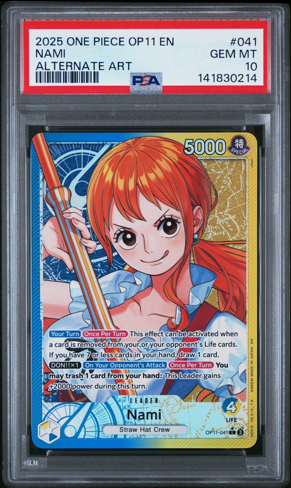2025 One Piece Op11-A Fist Of Divine Speed Nami #041 (Alternate Art) Gem Mt 10 front
