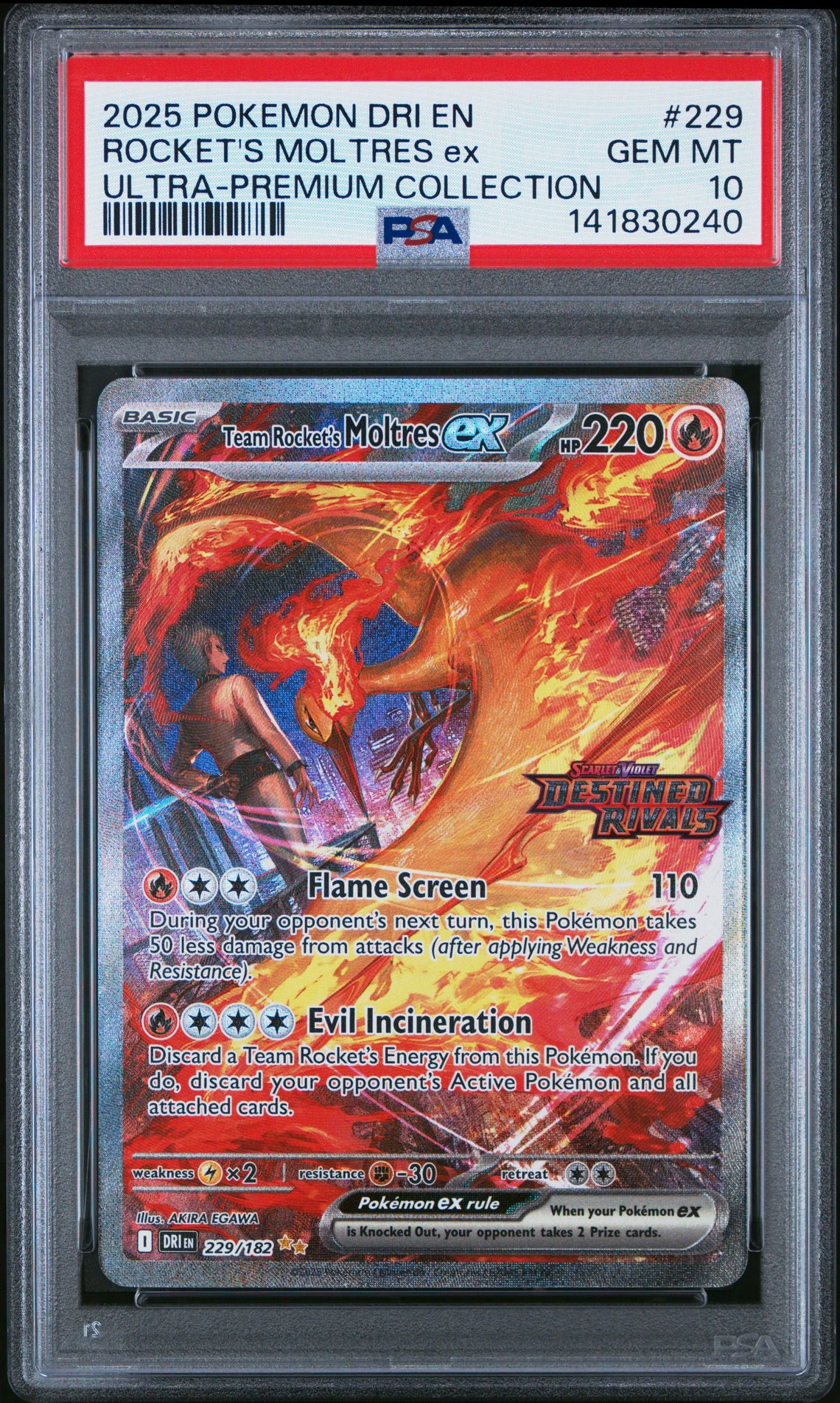 2025 Pokemon Dri En-Destined Rivals Rocket's Moltres Ex #229 (Ultra-Premium Collection) Gem Mt 10 front