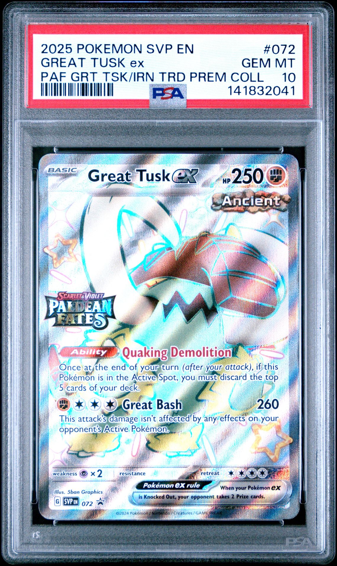 2025 Pokemon Svp En-Sv Black Star Promo Great Tusk Ex #072 (Paf Grt Tsk/Irn Trd Prem Coll) Gem Mt 10 front