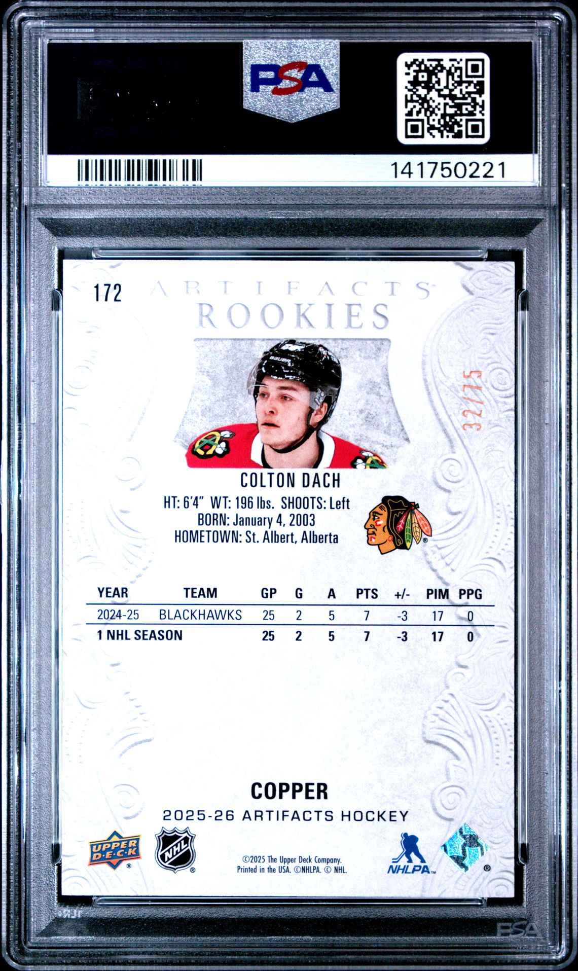 2025 Upper Deck Artifacts Colton Dach #172 (Copper) Mint 9 back