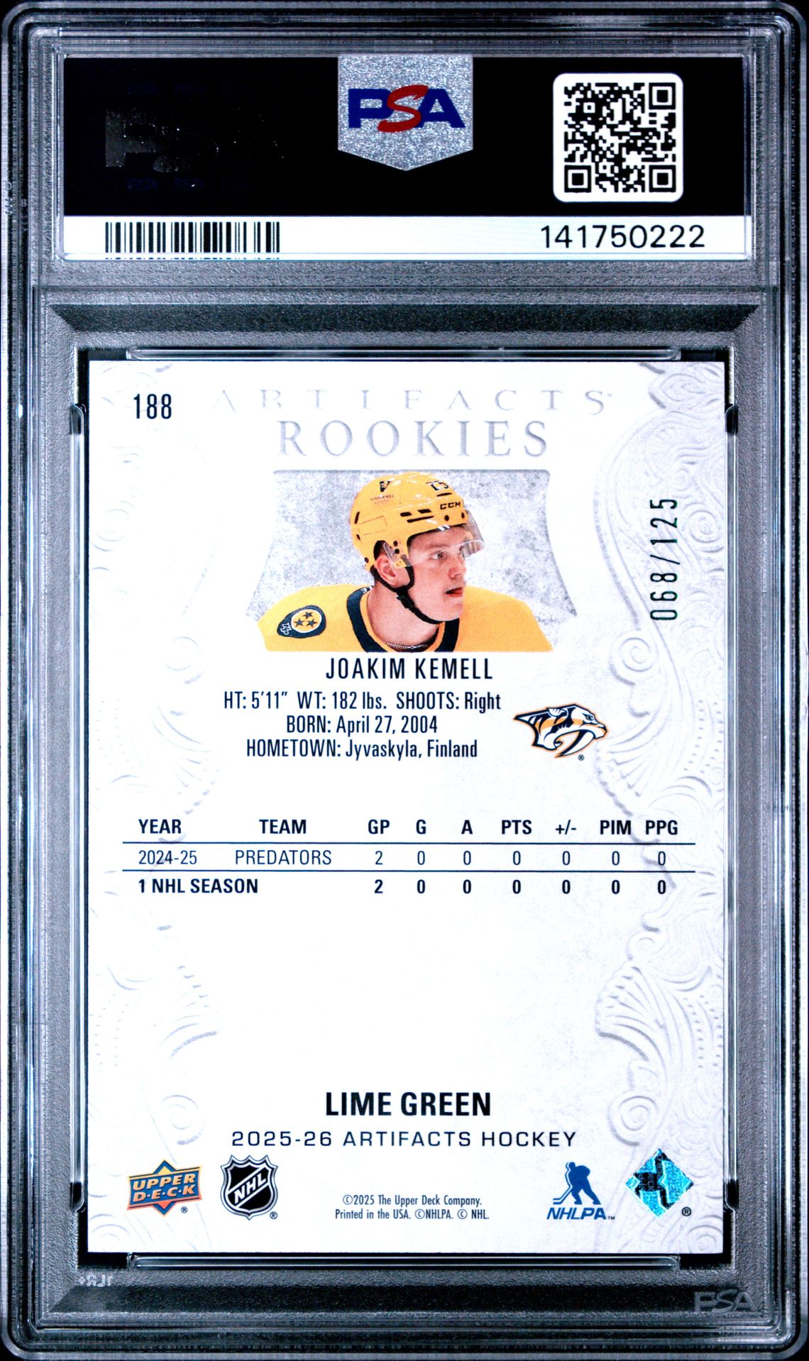 2025 Upper Deck Artifacts Joakim Kemell #188 (Lime Green) Mint 9 back