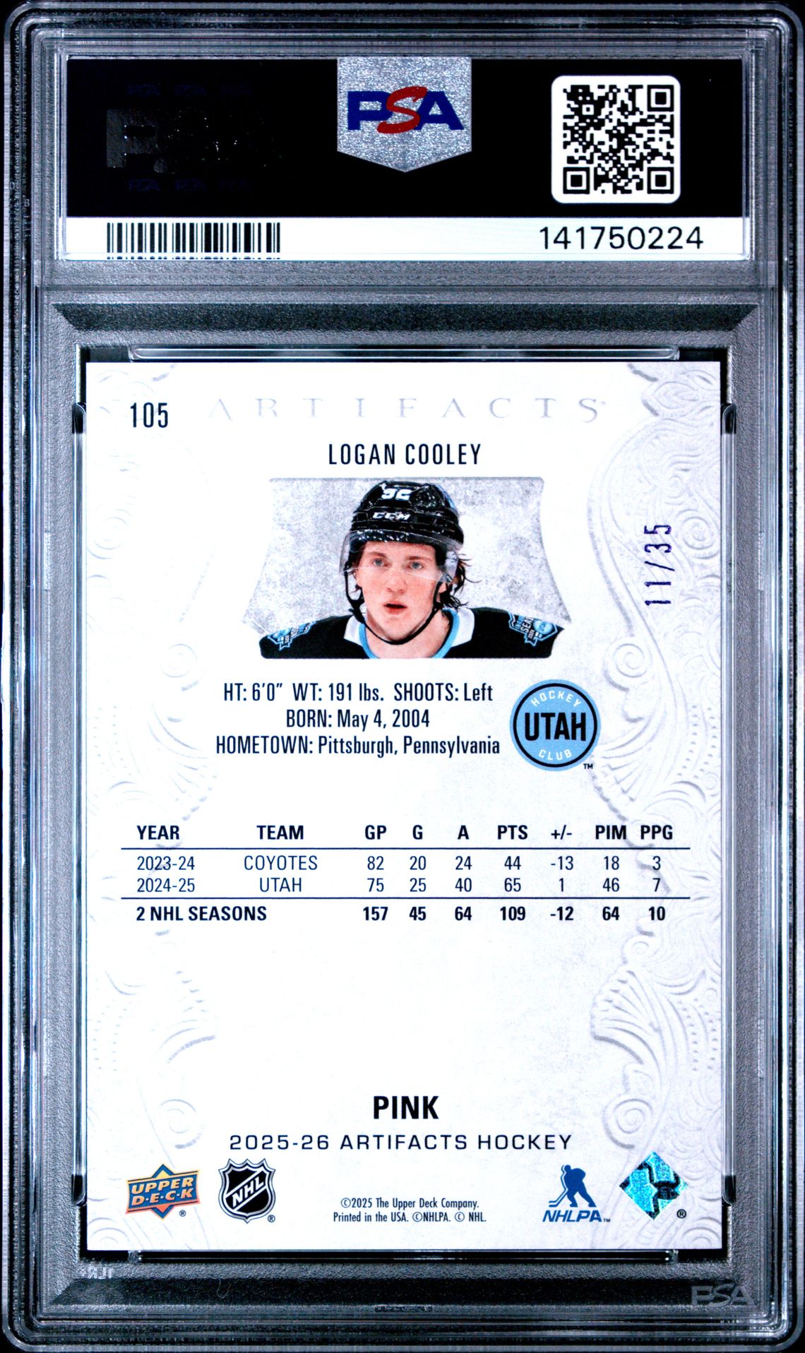 2025 Upper Deck Artifacts Logan Cooley #105 (Pink) Mint 9 back