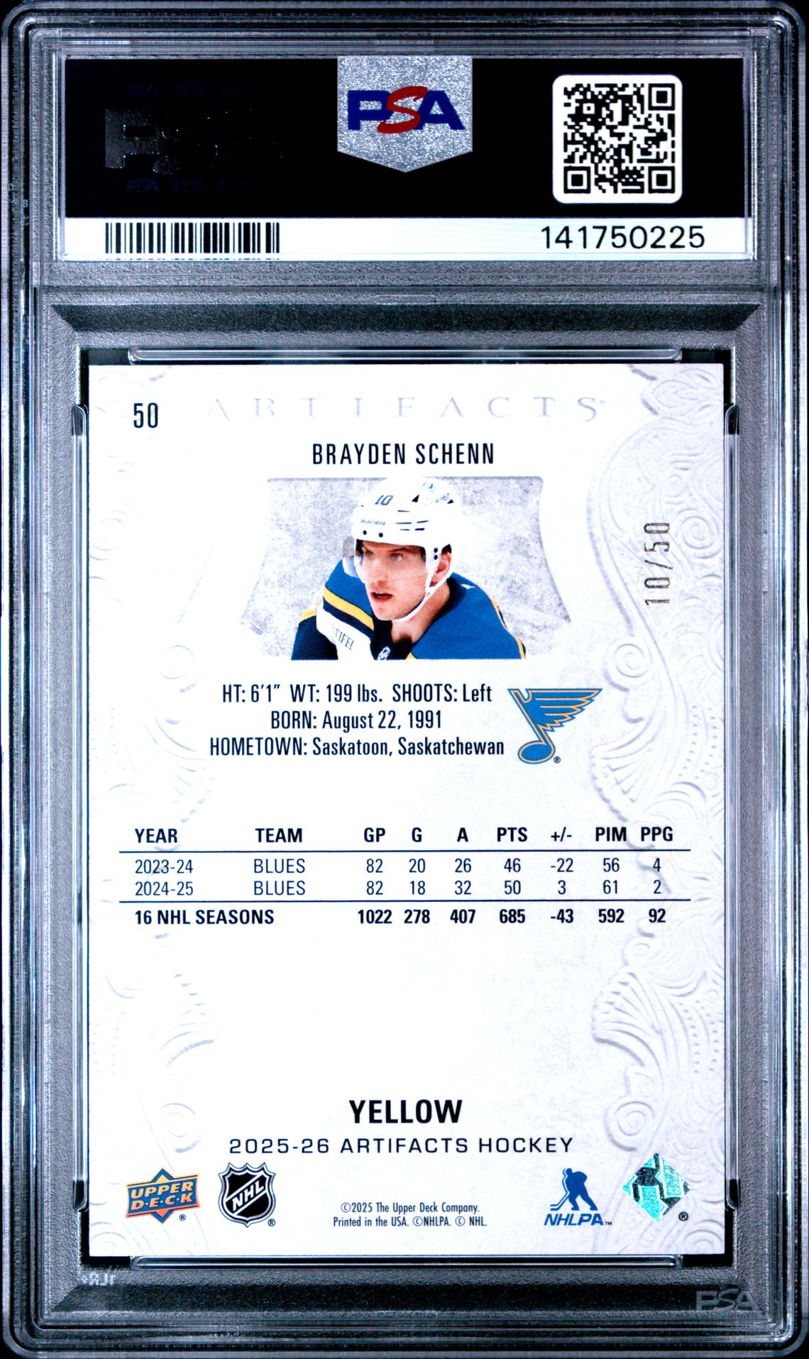 2025 Upper Deck Artifacts Brayden Schenn #50 (Yellow) Gem Mt 10 back