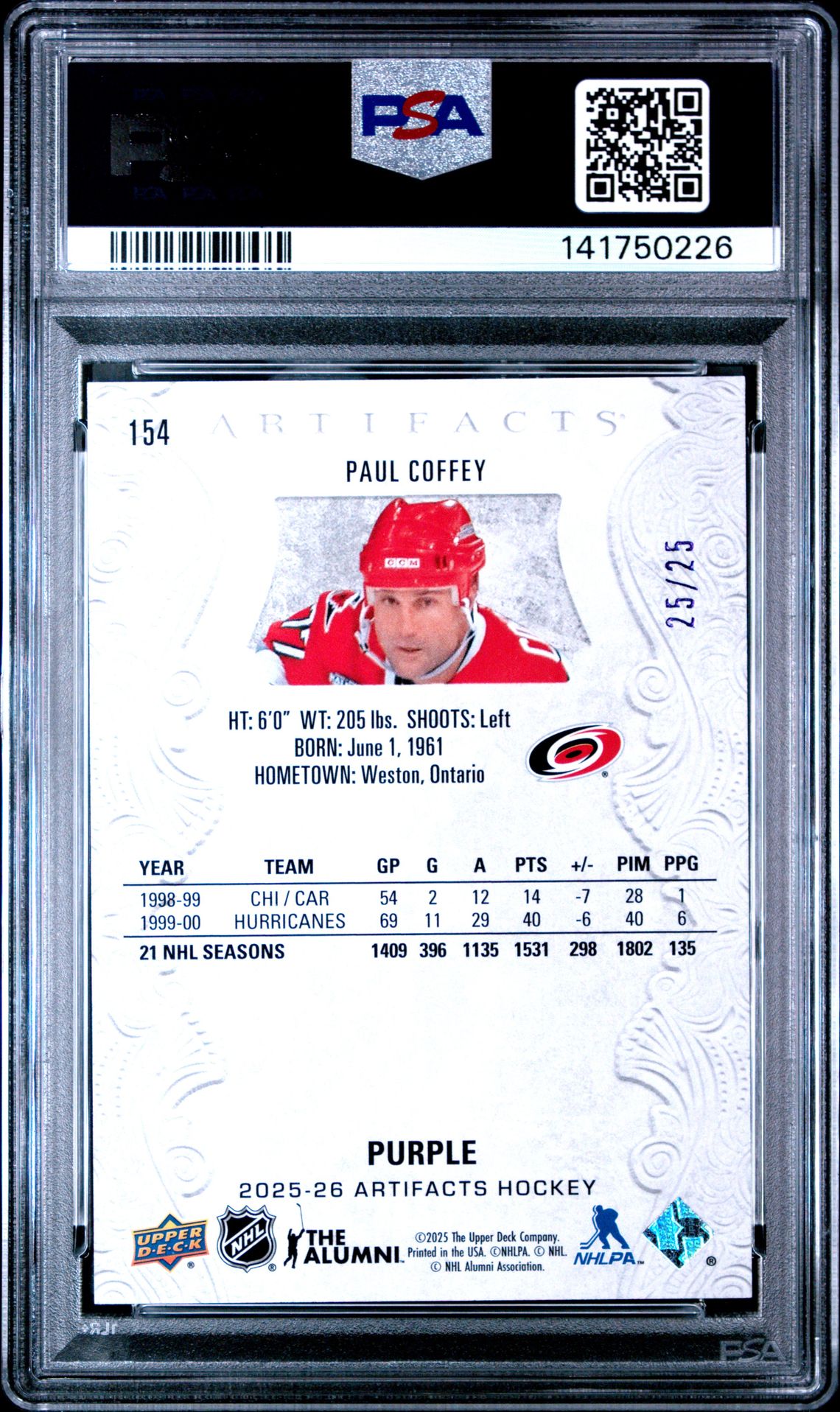 2025 Upper Deck Artifacts Paul Coffey #154 (Purple) Mint 9 back