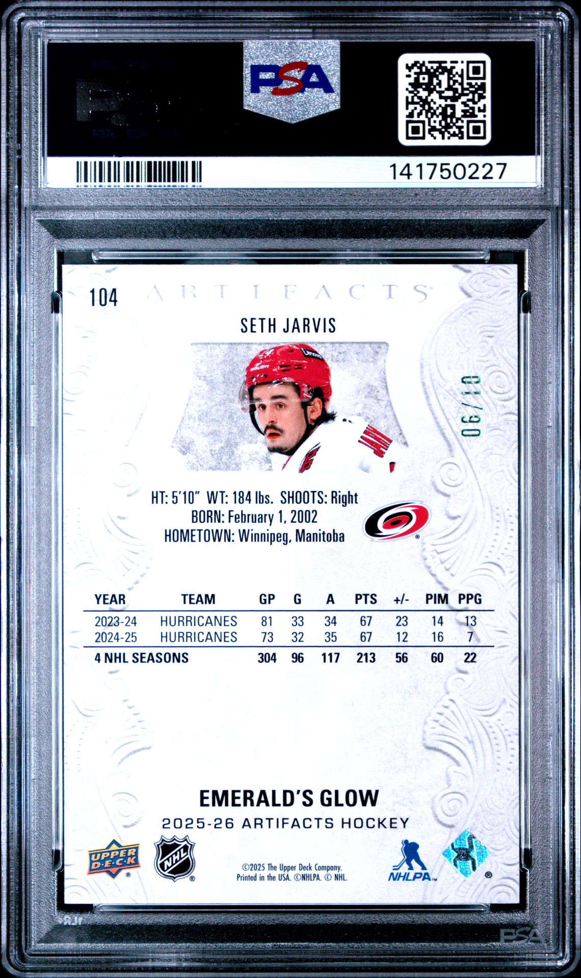 2025 Upper Deck Artifacts Seth Jarvis #104 (Emerald's Glow) Gem Mt 10 back