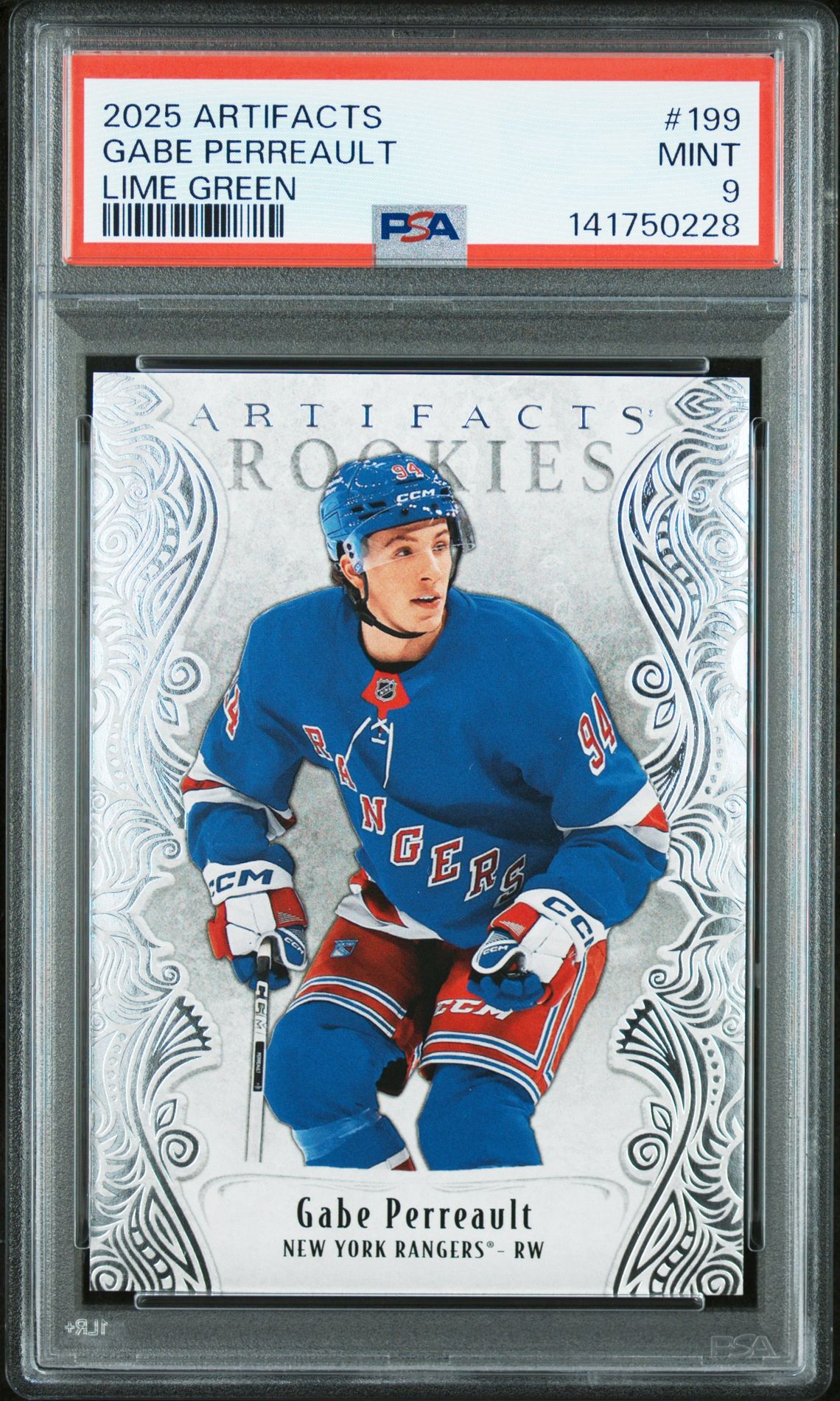 2025 Upper Deck Artifacts Gabe Perreault #199 (Lime Green) Mint 9 front