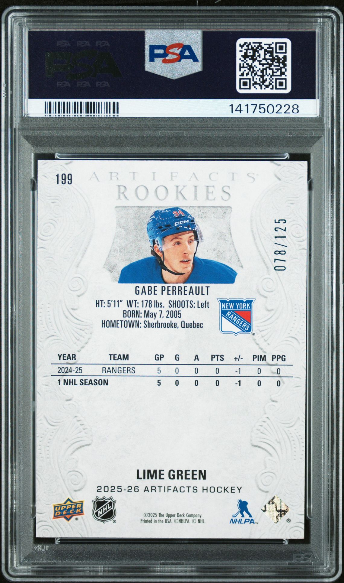 2025 Upper Deck Artifacts Gabe Perreault #199 (Lime Green) Mint 9 back