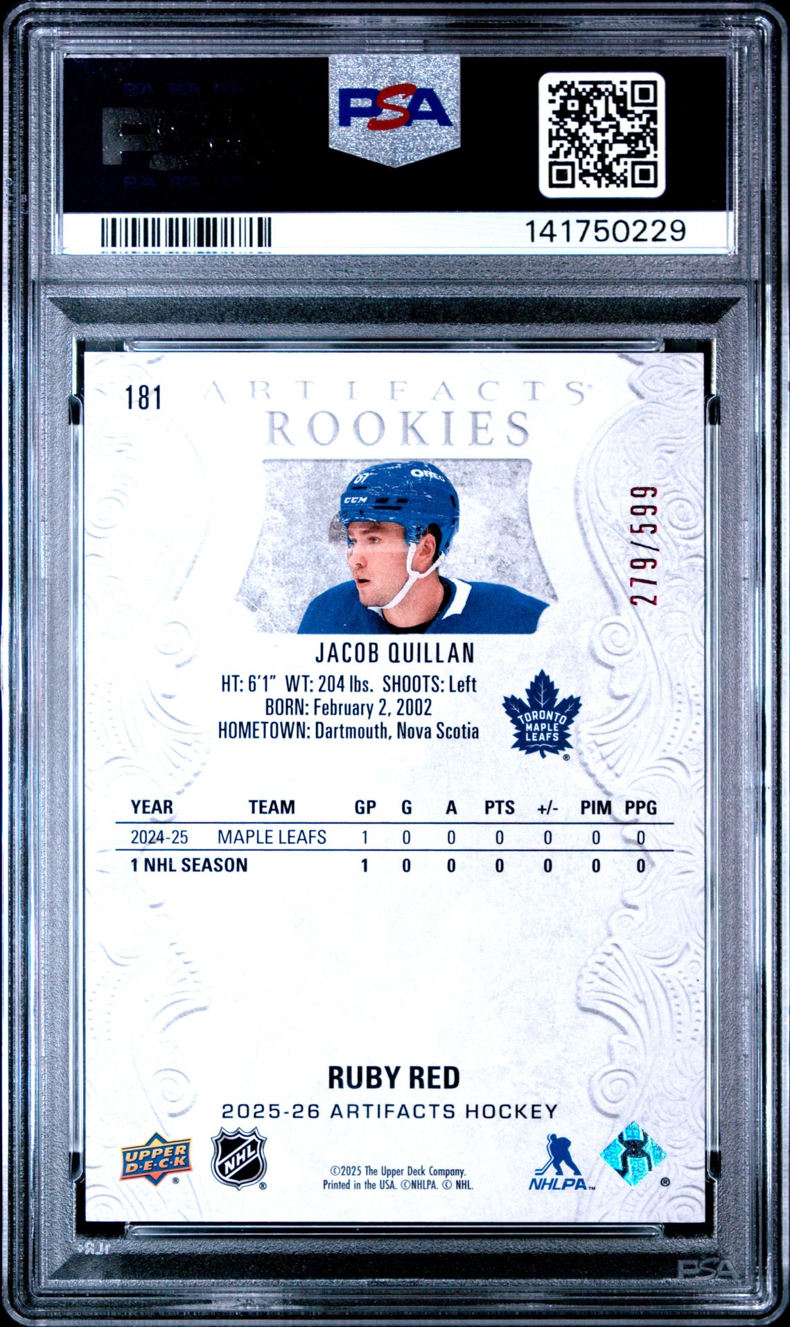 2025 Upper Deck Artifacts Jacob Quillan #181 (Ruby) Gem Mt 10 back