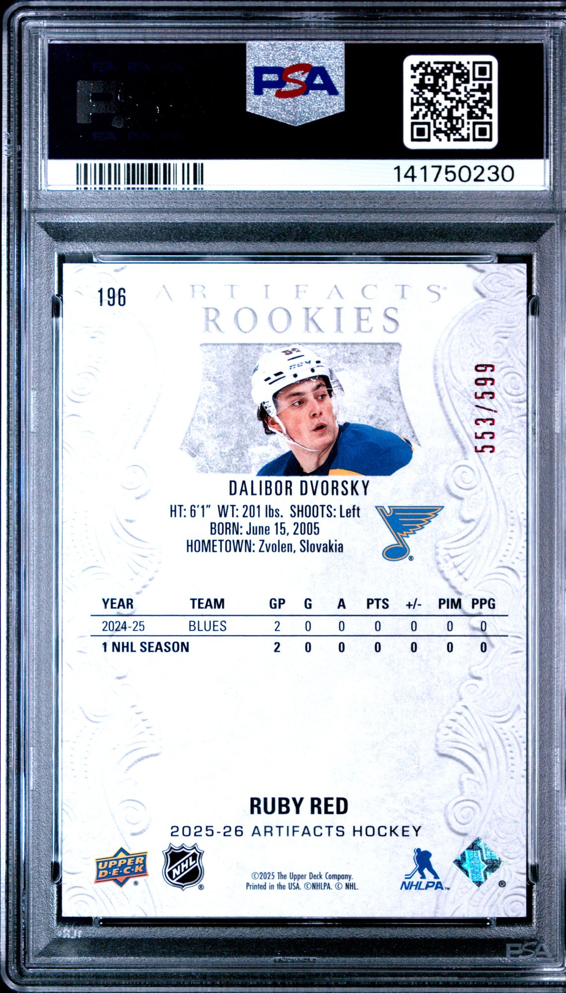 2025 Upper Deck Artifacts Dalibor Dvorsky #196 (Ruby) Gem Mt 10 back