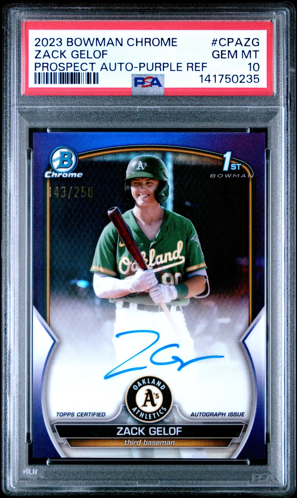 2023 Bowman Chrome Prospect Autographs Zack Gelof #Cpazg (Prospect Auto-Purple Ref) Gem Mt 10 front