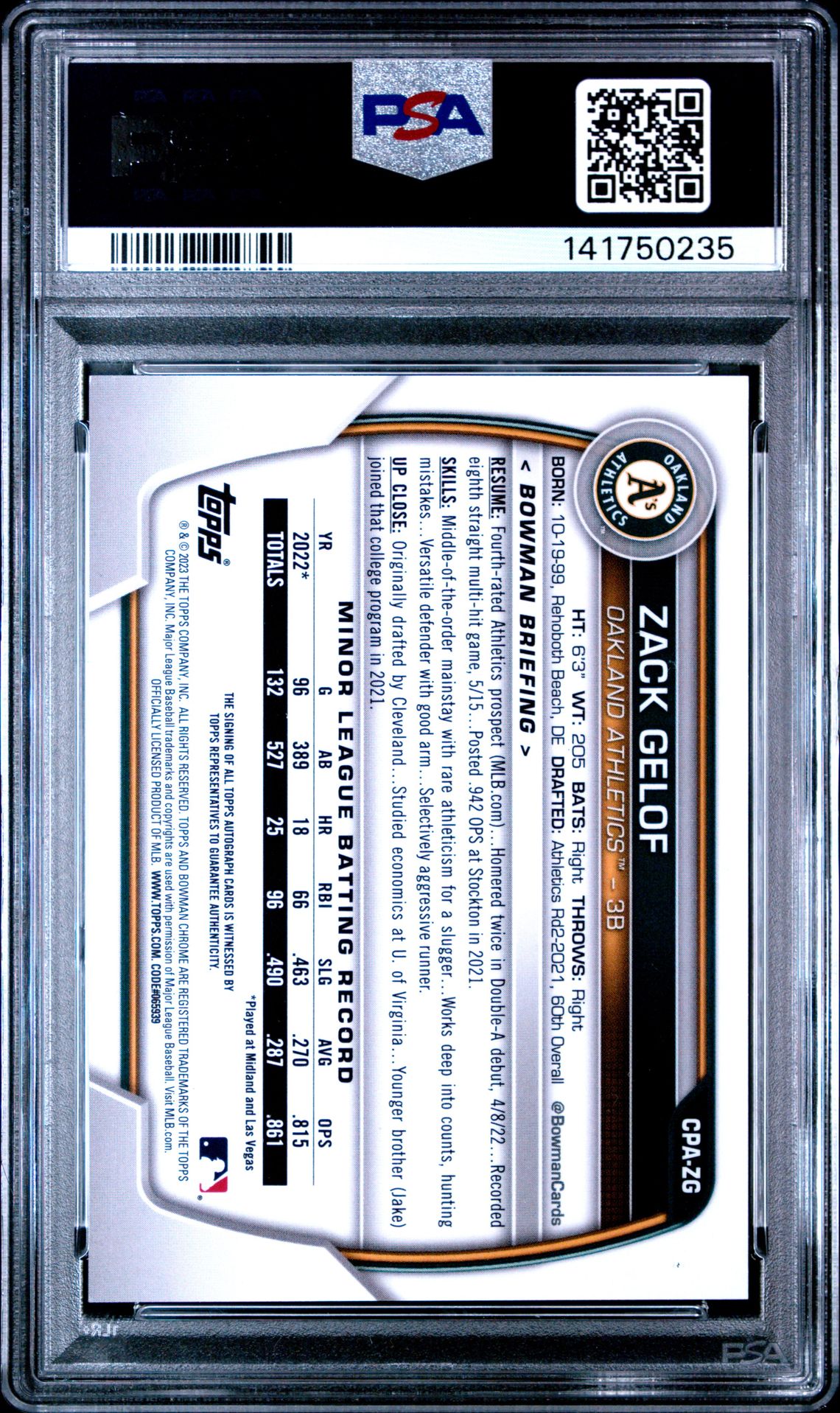 2023 Bowman Chrome Prospect Autographs Zack Gelof #Cpazg (Prospect Auto-Purple Ref) Gem Mt 10 back