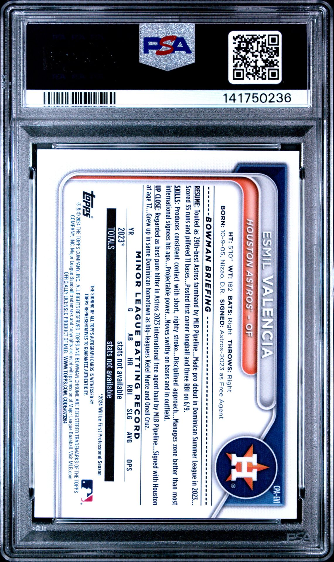 2024 Bowman Chrome Prospect Autographs Esmil Valencia #Cpaevi (Chr Prspct Au-Hta Choice Ref) Mint 9 back