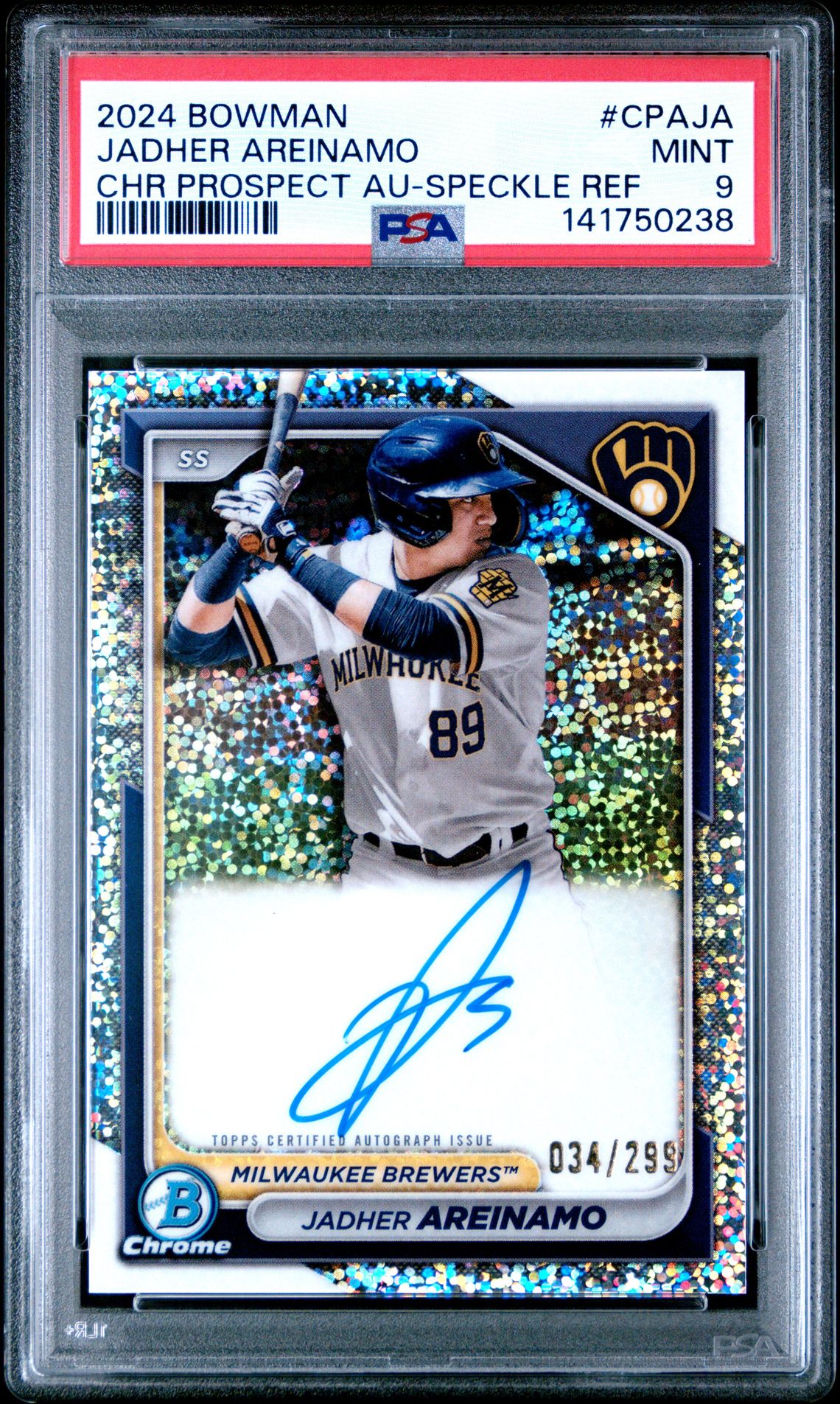 2024 Bowman Chrome Prospect Autographs Jadher Areinamo #Cpaja (Chr Prospect Au-Speckle Ref) Mint 9 front