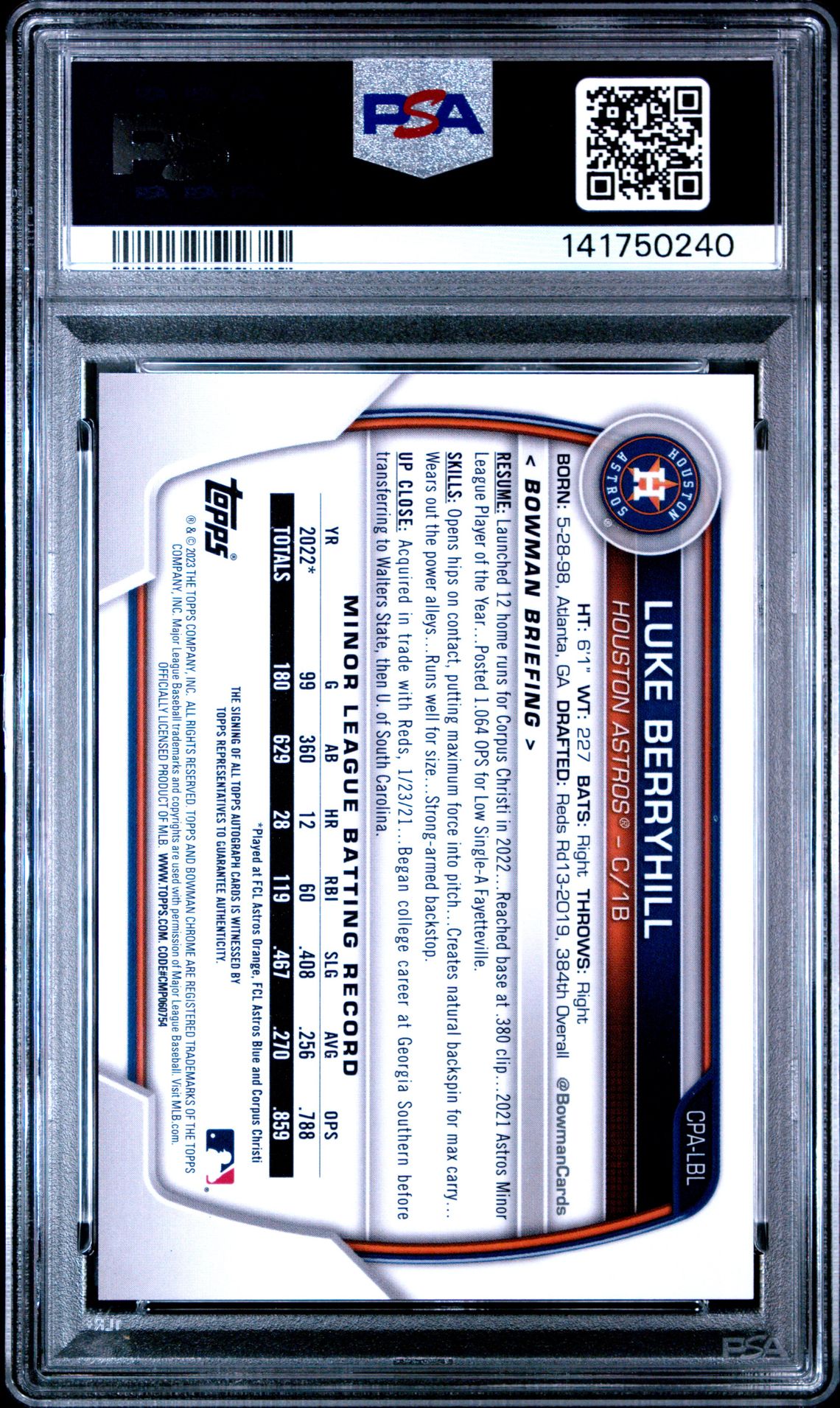 2023 Bowman Chrome Prospect Autographs Luke Berryhill #Cpalbl (Prospect Autograph) Gem Mt 10 back