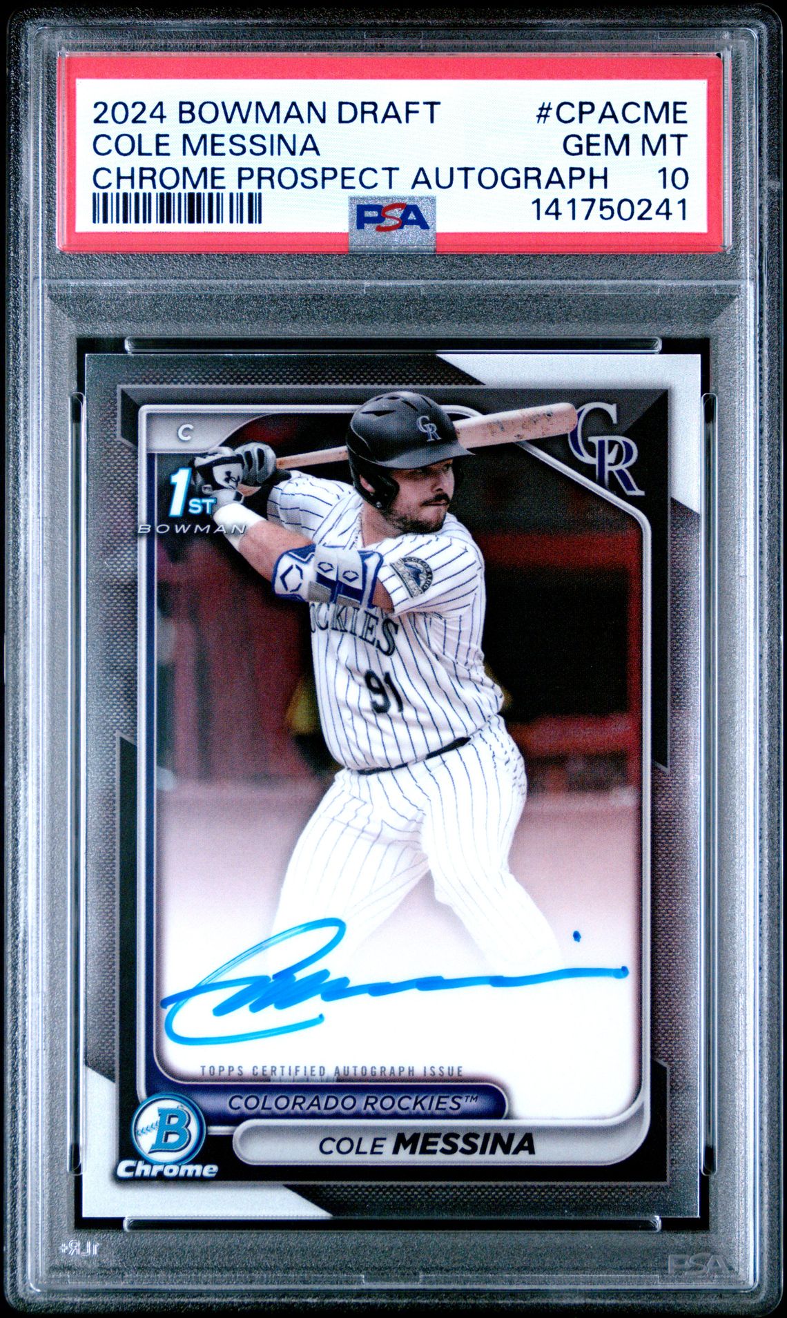 2024 Bowman Draft Chrome Prospect Autographs Cole Messina #Cpacme Gem Mt 10 front