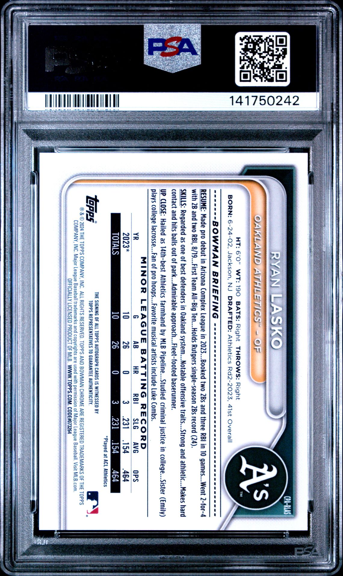 2024 Bowman Chrome Prospect Autographs Ryan Lasko #Cparlas Gem Mt 10 back