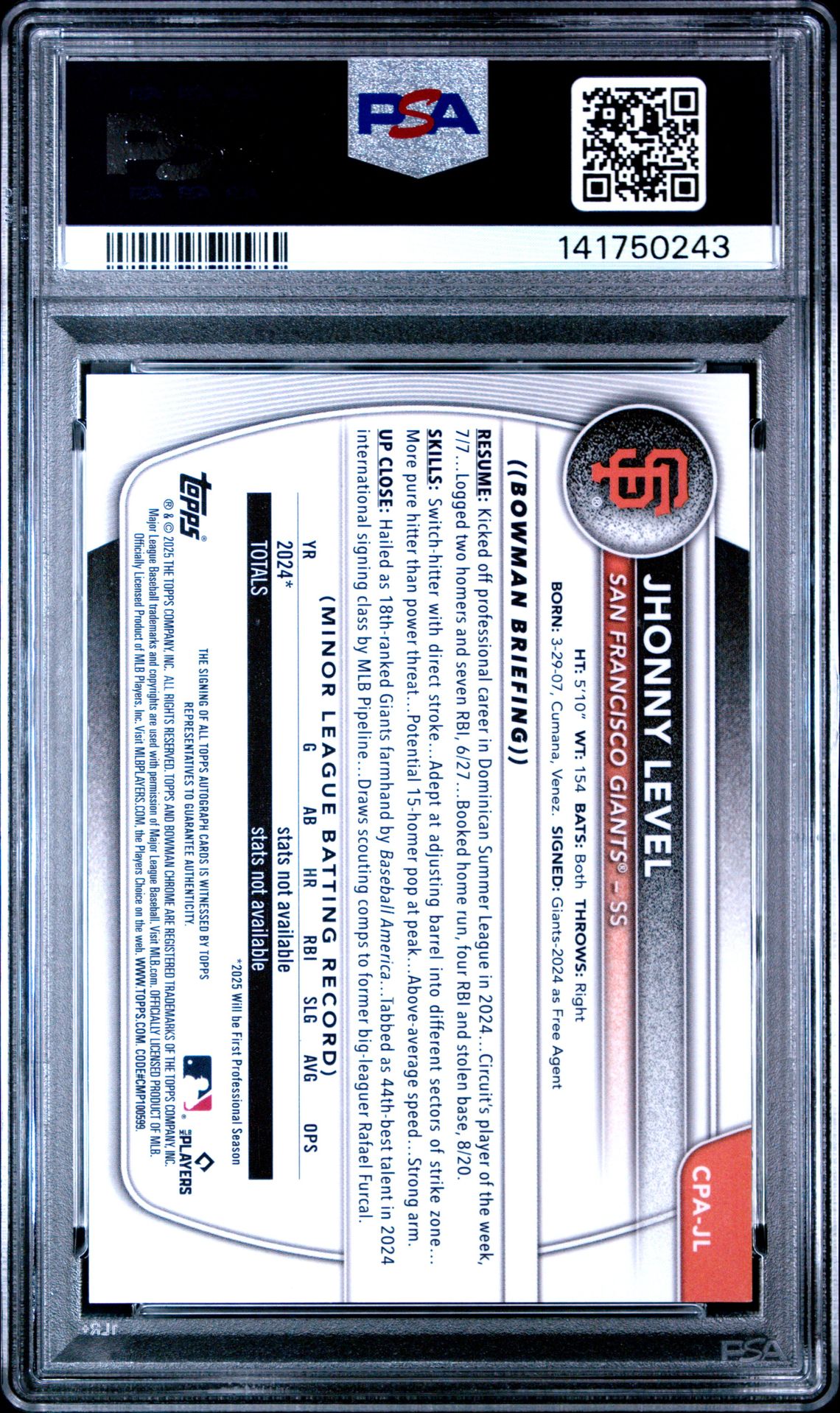 2025 Bowman Chrome Prospect Autographs Jhonny Level #Cpajl Gem Mt 10 back