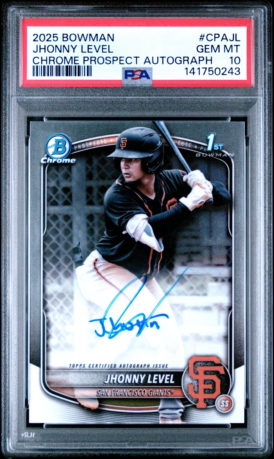 2025 Bowman Chrome Prospect Autographs Jhonny Level #Cpajl Gem Mt 10 front