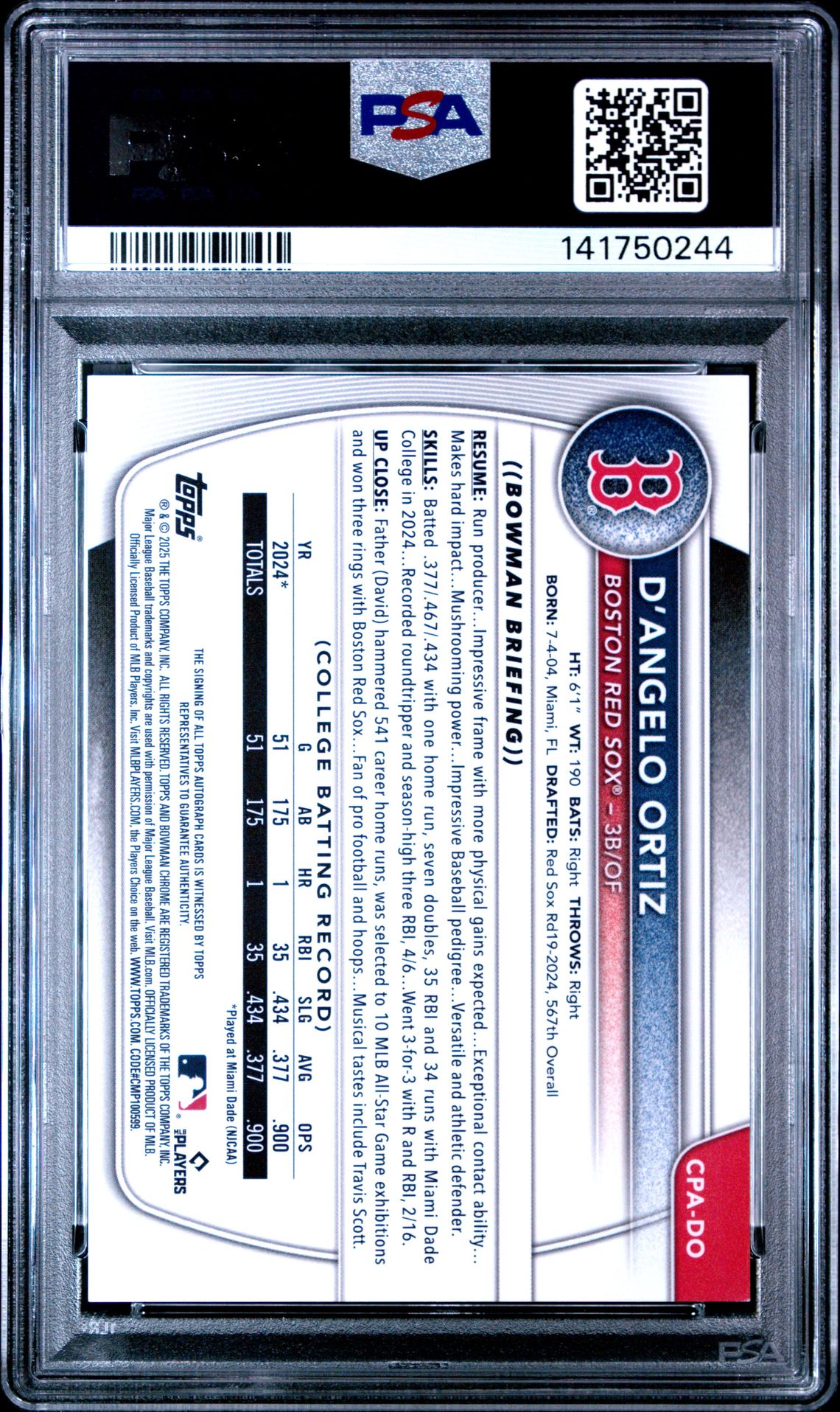 2025 Bowman Chrome Prospect Autographs D'angelo Ortiz #Cpado Mint 9 back