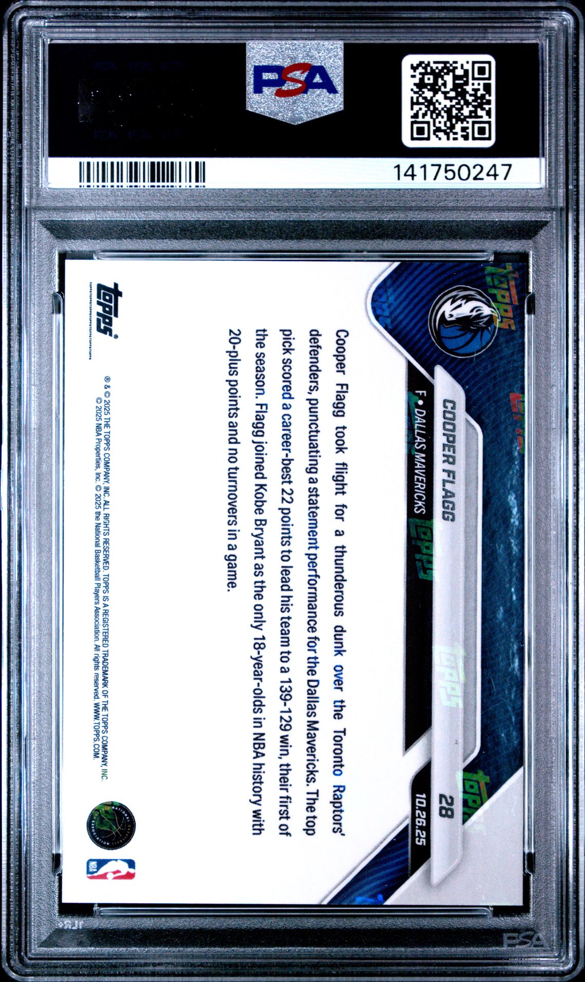 2025 Topps Now Cooper Flagg #28 (Green Foil) Gem Mt 10 back