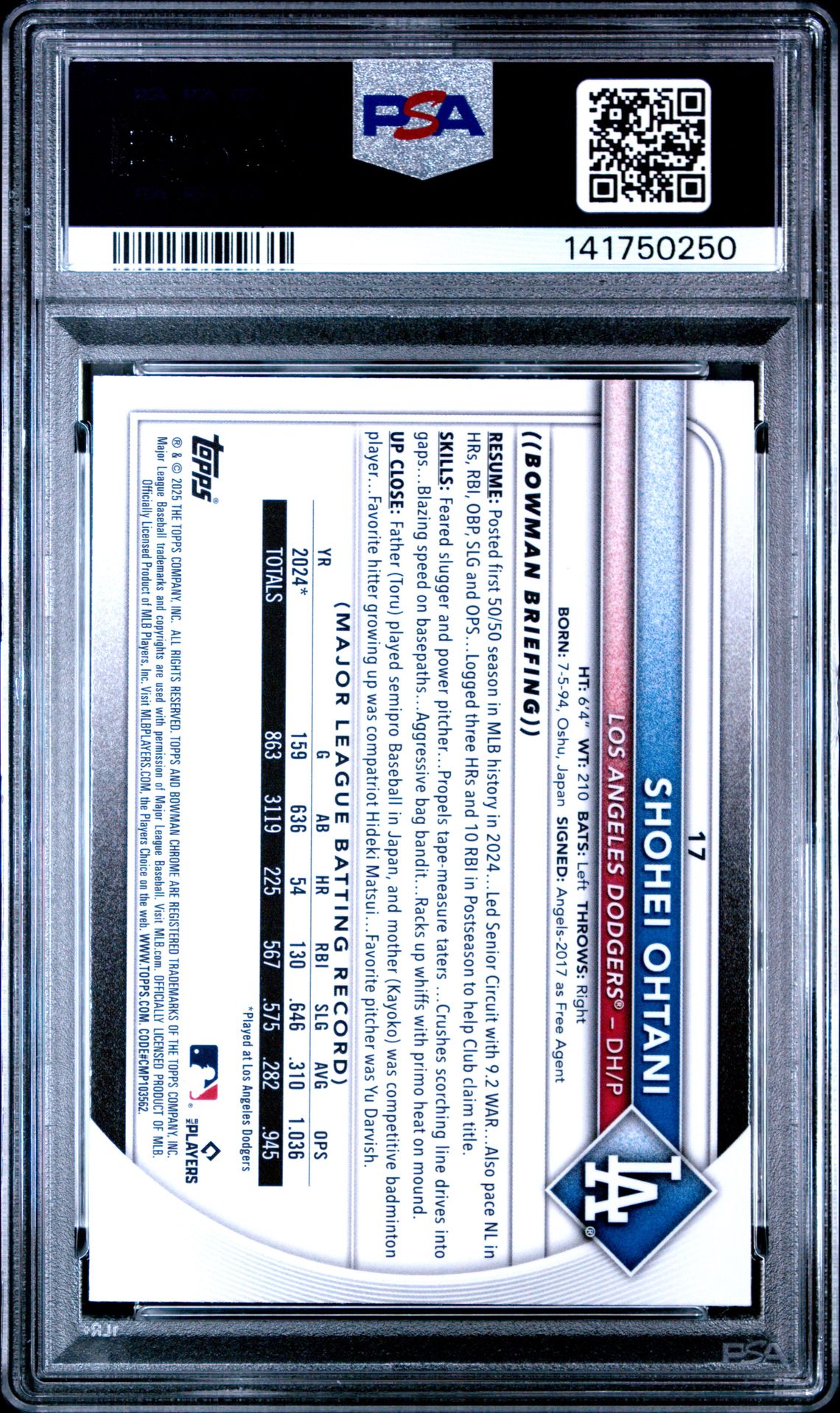 2025 Bowman Mega Box Chrome Shohei Ohtani #17 Gem Mt 10 back