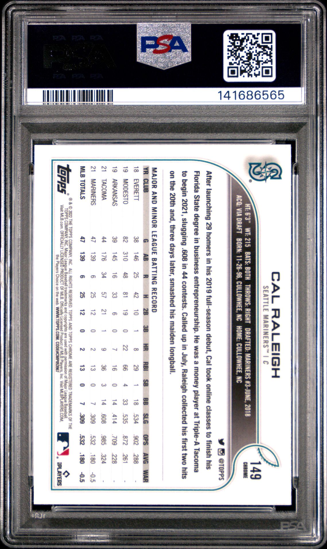 2022 Topps Chrome Cal Raleigh #149 (Pink Refractor) Mint 9 back