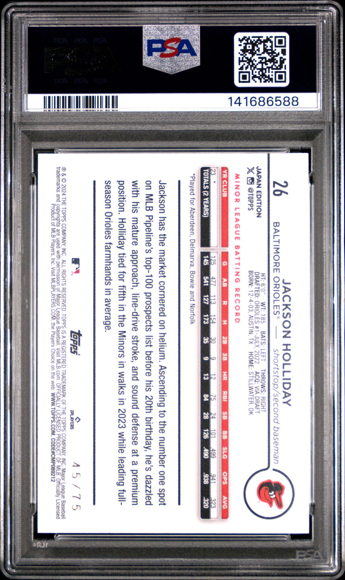 2024 Topps Baseball Japan Edition Jackson Holliday #26 (Jade Green) Mint 9 back