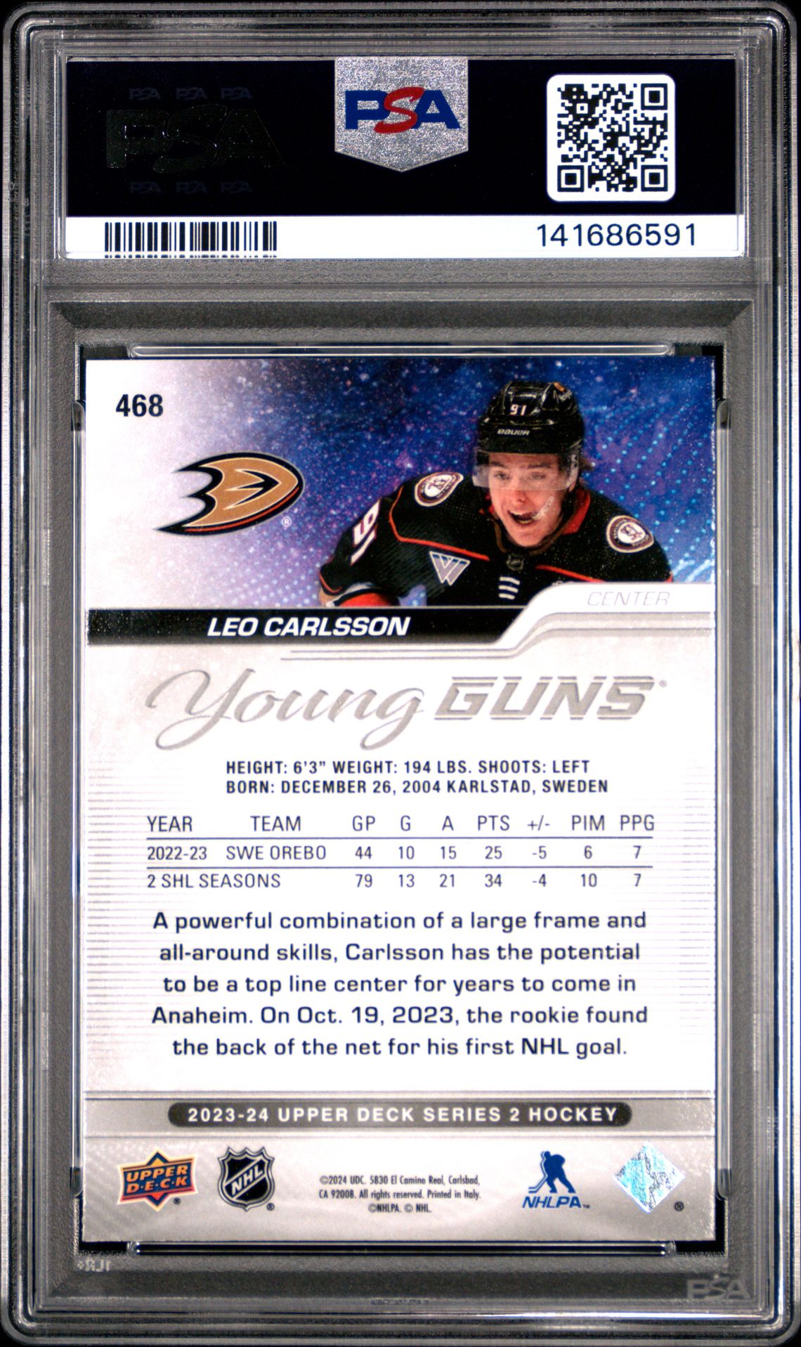 2023 Upper Deck Leo Carlsson #468 Gem Mt 10 back