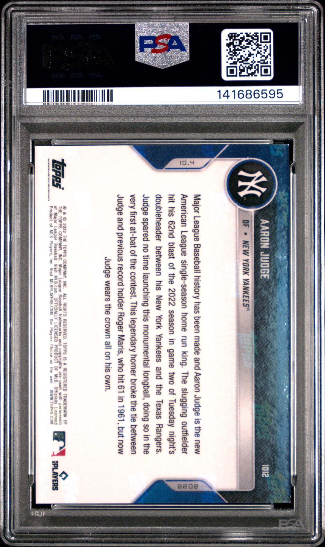 2022 Topps Now Aaron Judge #1012 Mint 9 back