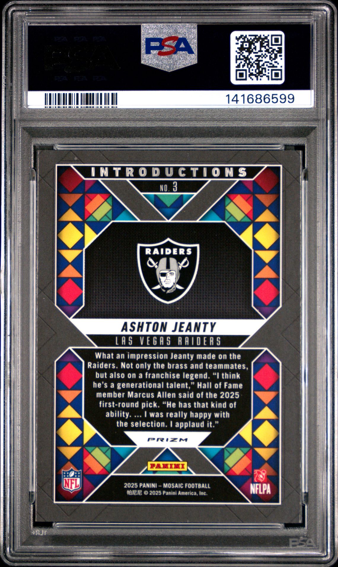 2025 Panini Mosaic Introductions Ashton Jeanty #3 (Introductions-Silver) Gem Mt 10 back