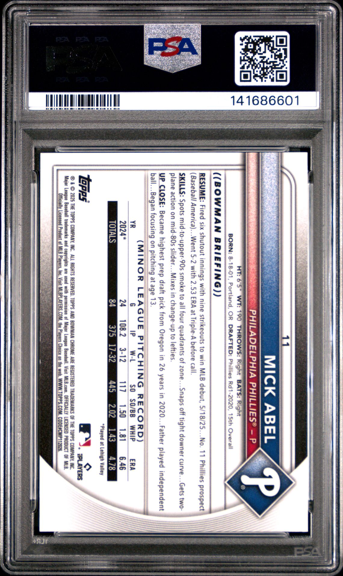 2025 Bowman Chrome Sapphire Edition Mick Abel #11 (Gold) Gem Mt 10 back